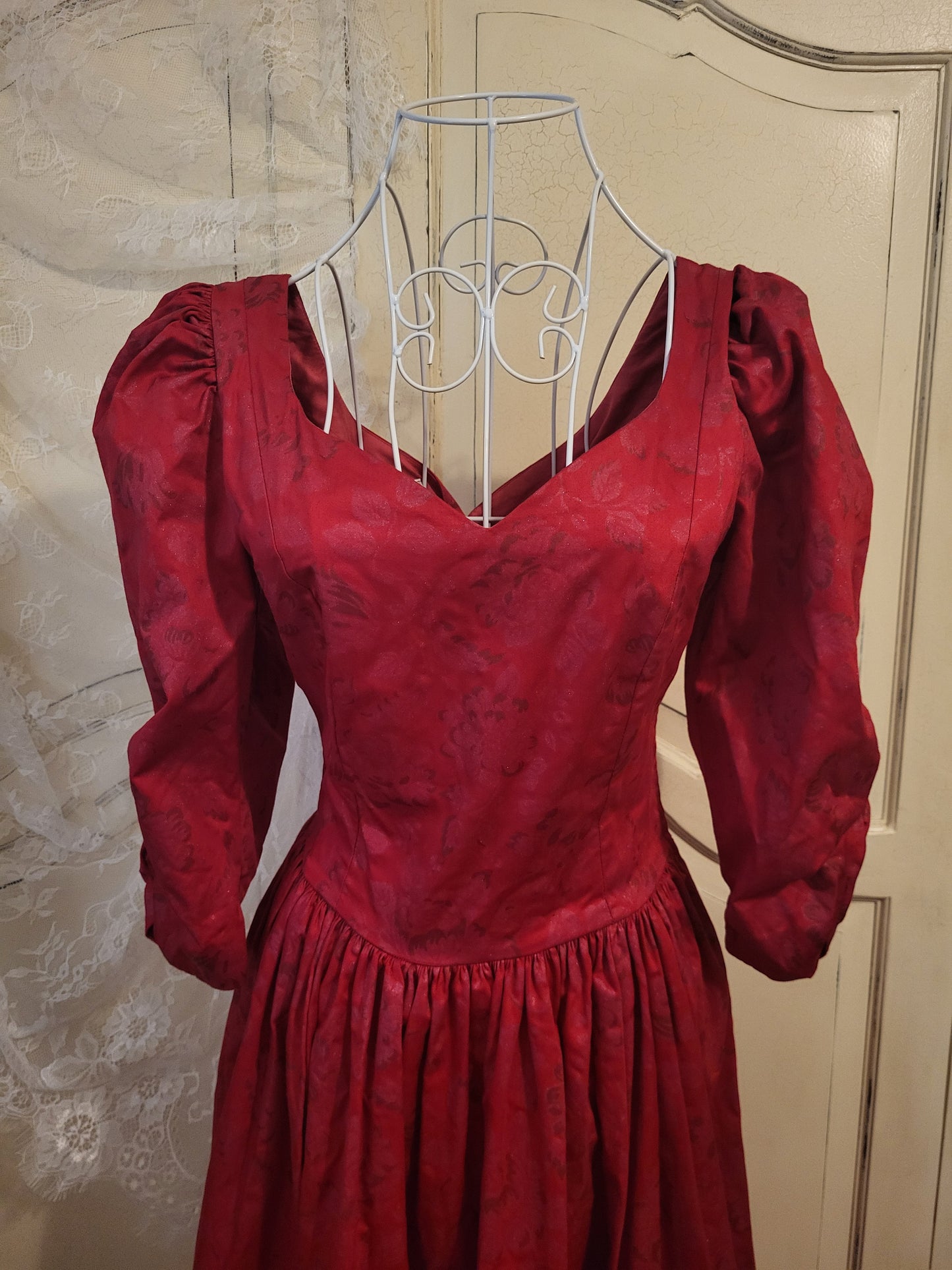 Rare 1980s Vintage Laura Ashley Scarlet Jacquard Cotton Gown