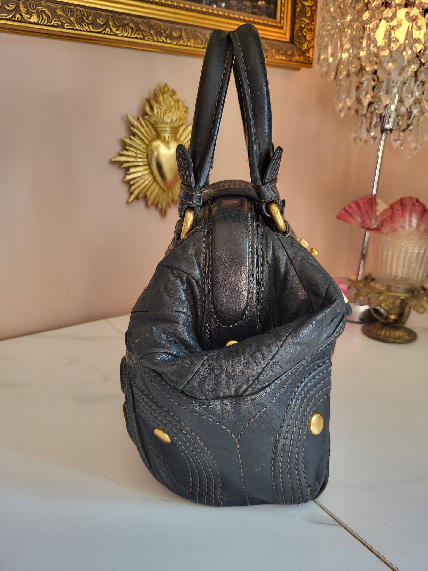 Vintage Juicy Couture Black Leather Satchel with Brass Hardware