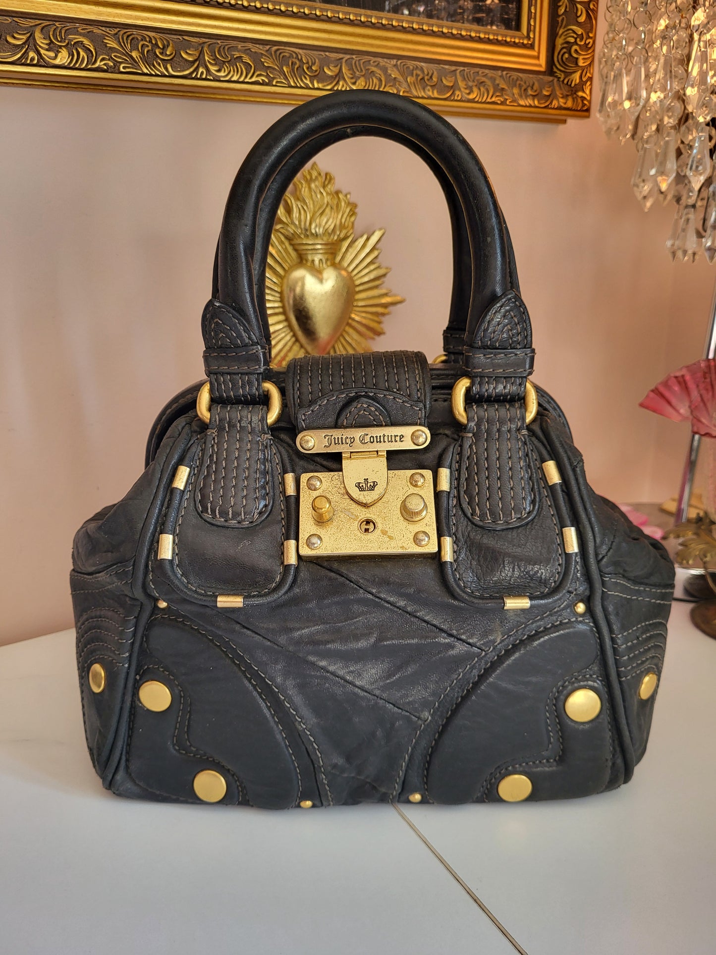 Vintage Juicy Couture Black Leather Satchel with Brass Hardware