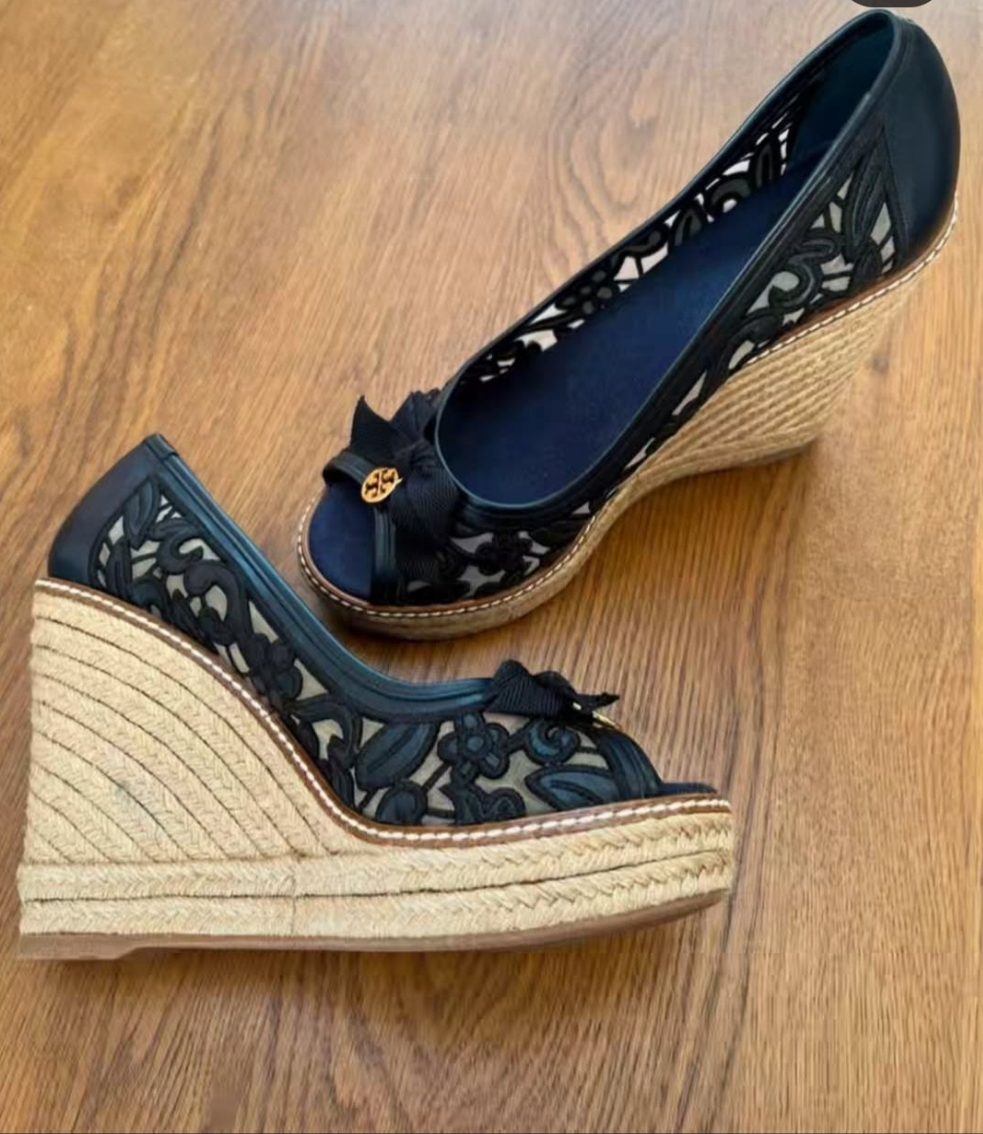 Tory Burch Navy Lace Heeled Peep Toe Wedges