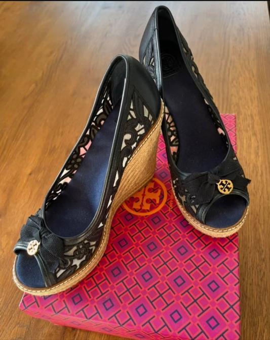 Tory Burch Navy Lace Heeled Peep Toe Wedges