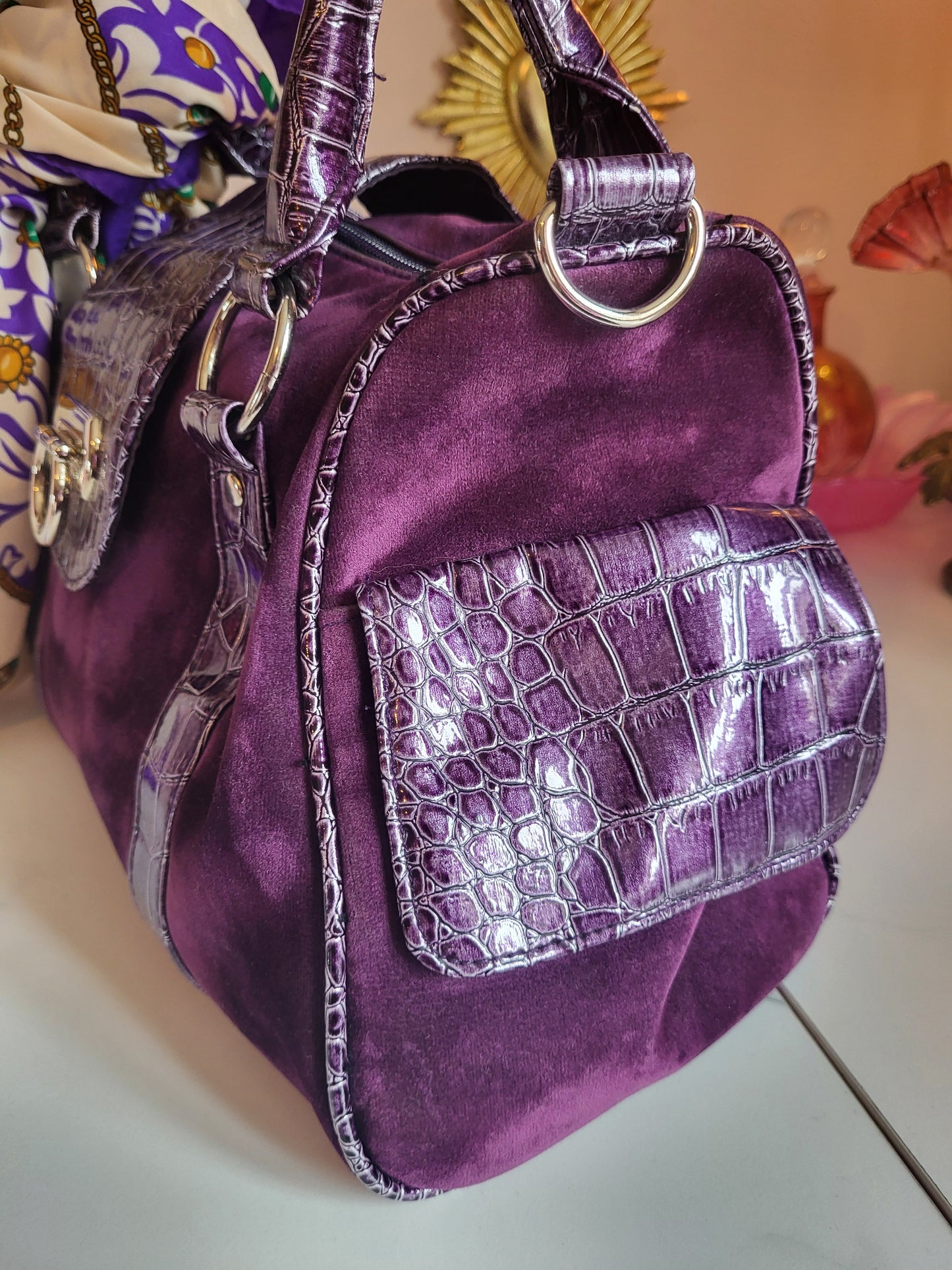 Midnight Purple Velour Tote Bag with Faux Croc Detailing