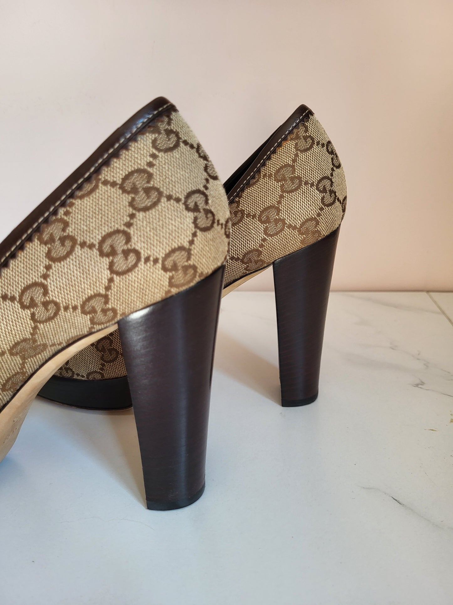Gucci Leather Lined Classic Print Platform Heels