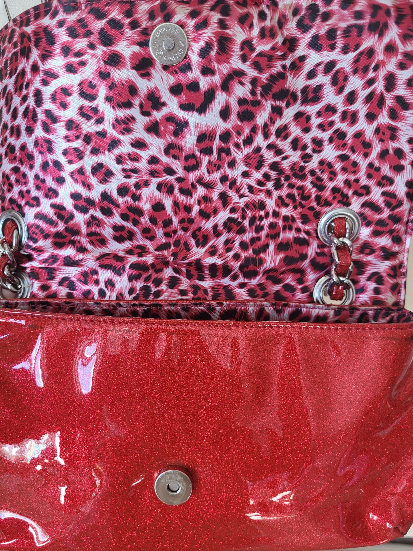 Julian Macdonald Red Patent Glitter Chain Bag with Silver Emblem