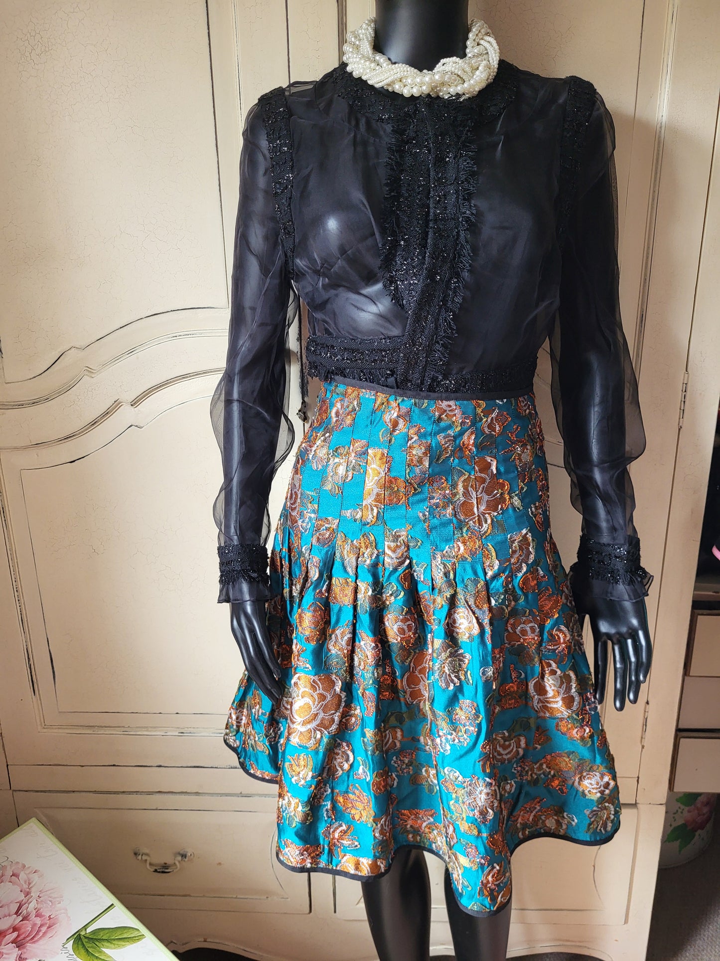 Vintage Silk Teal and Gold Brocade Skirt