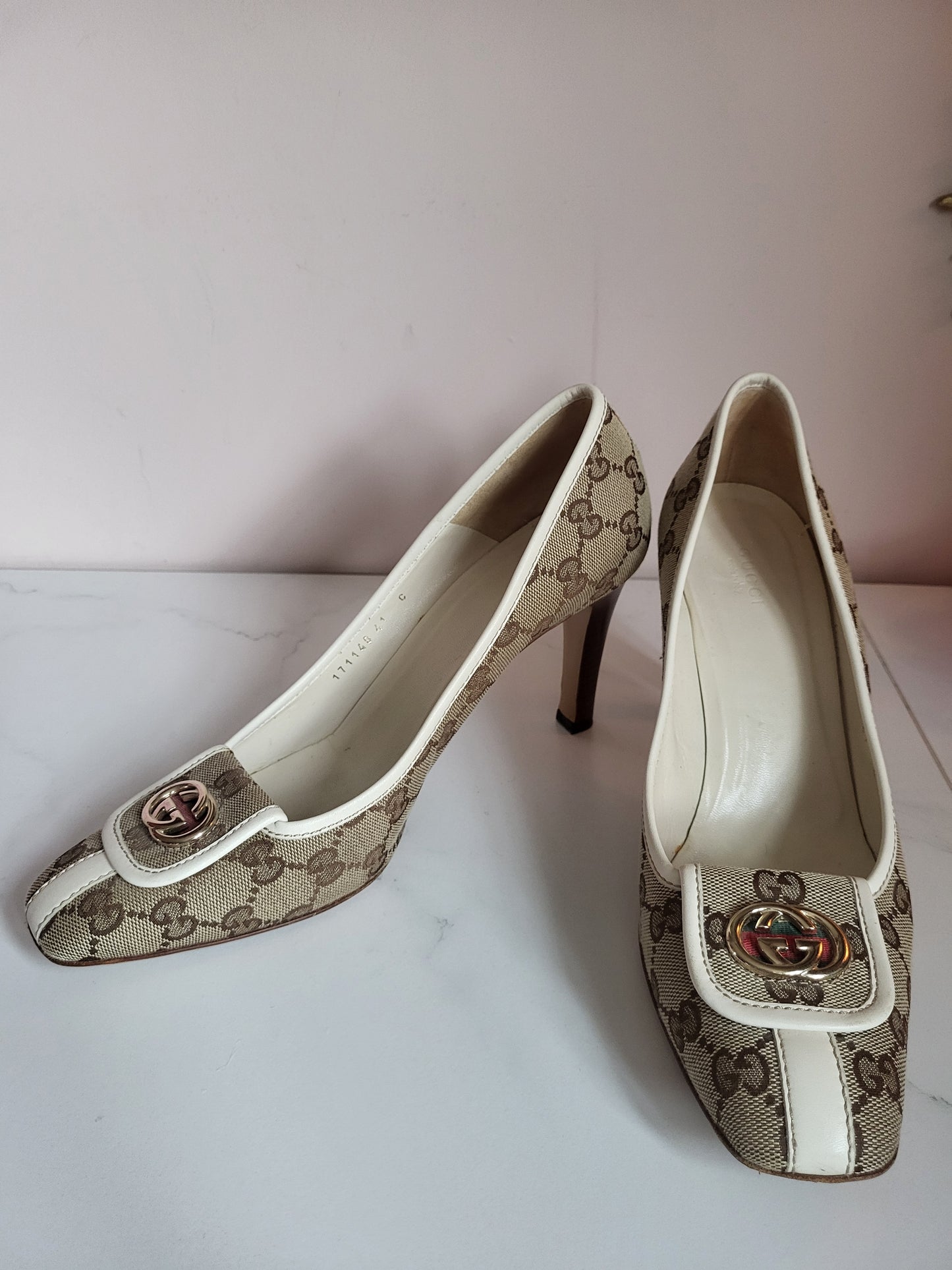 Gucci Classic Print Court Heels with Brass Emblems