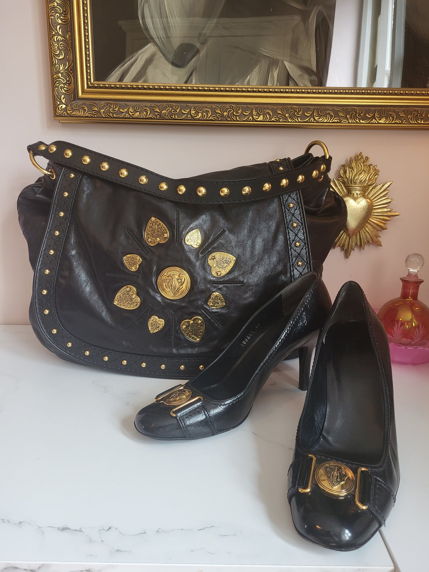 Gucci Patent Black Pump Heels with Brass Emblems