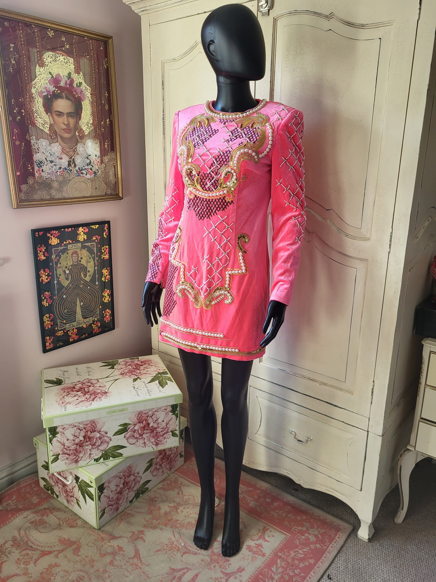 Velour Neon Pink Embellished Shift Dress
