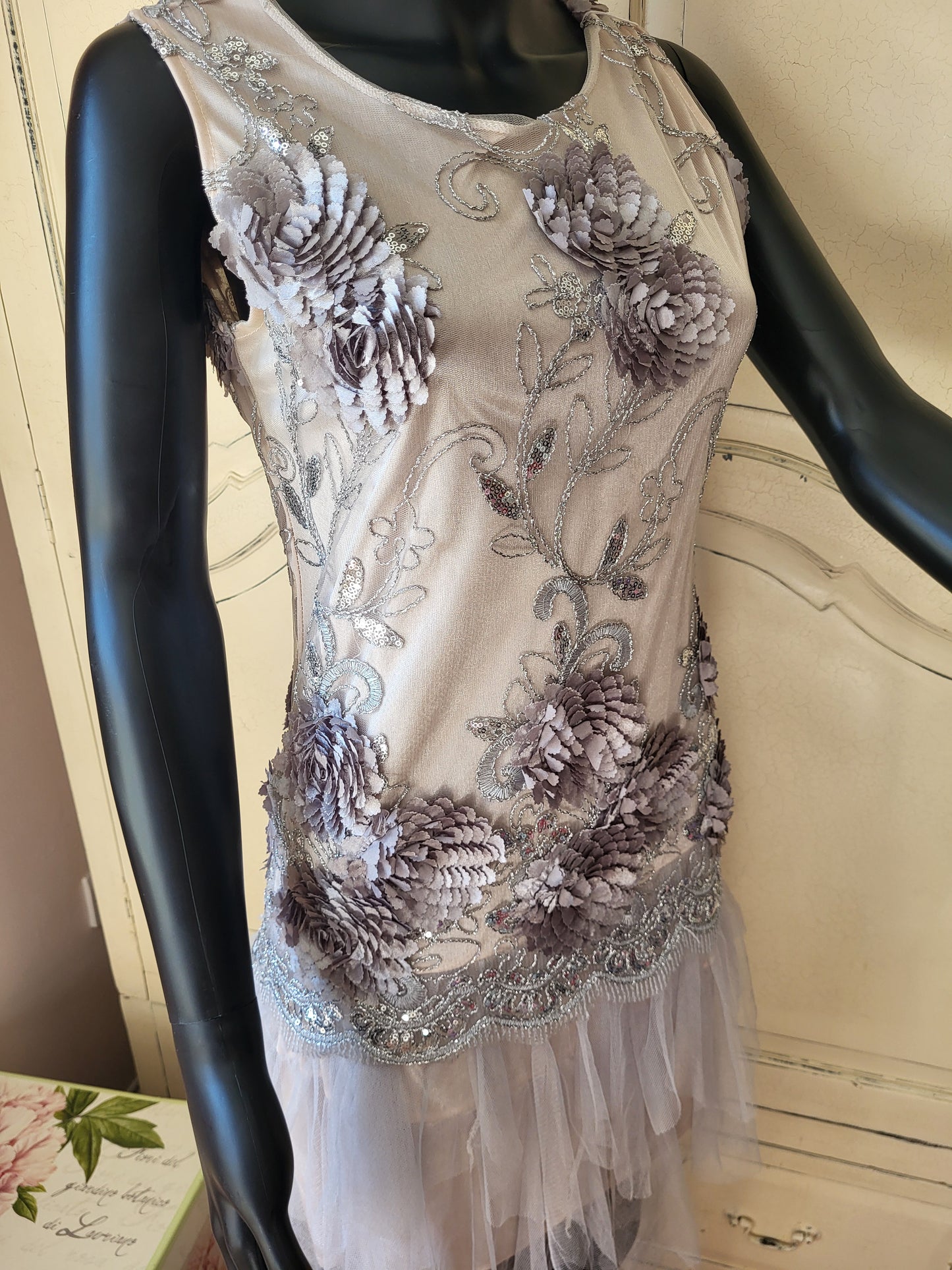 Vintage Silver Hand Embroidered Tulle Dress