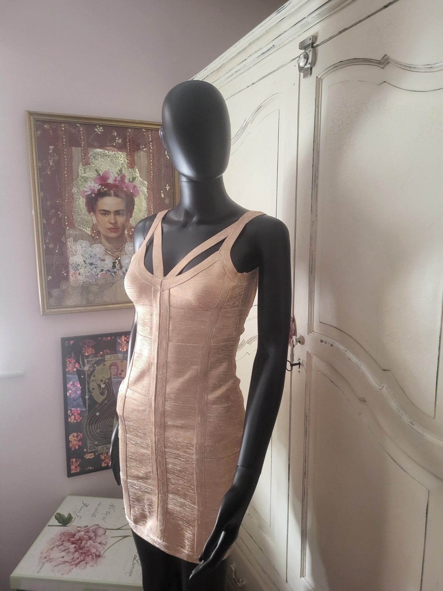 Molten Gold Bodycon Bandage Dress in the style of Hervé Léger