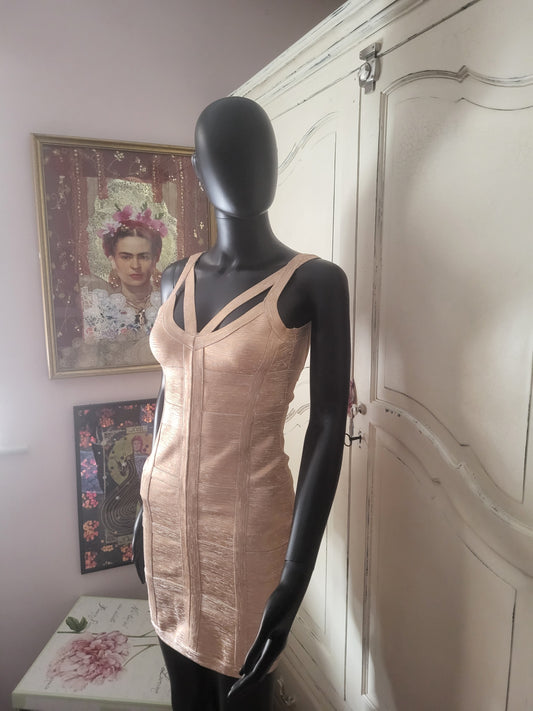 Molten Gold Bodycon Bandage Dress in the style of Hervé Léger