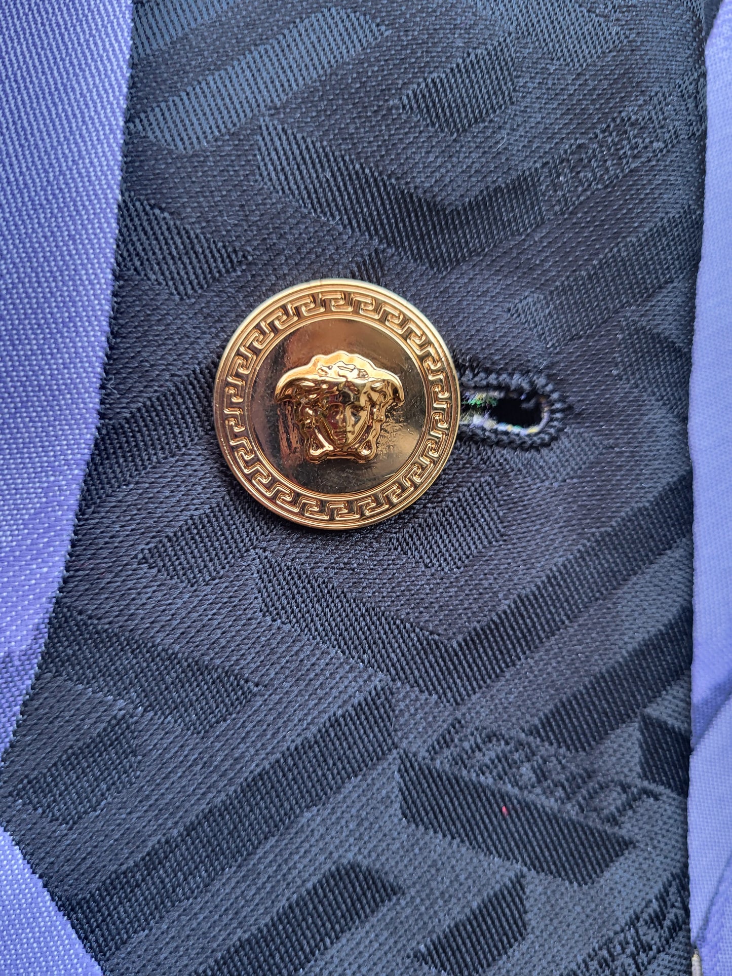 Versace Blue Faux Fur Collar Brocade Coat