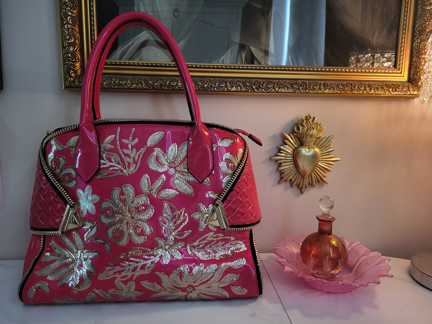 Giant Patent Pink Fuchsia Bag with Sequins