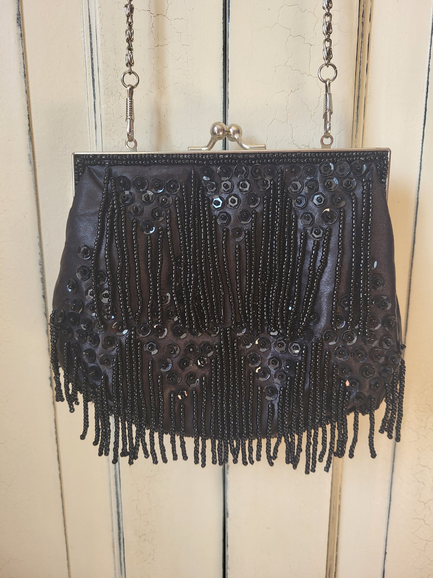 Black Beaded & Sequin Evening Bag - Chain Strap
