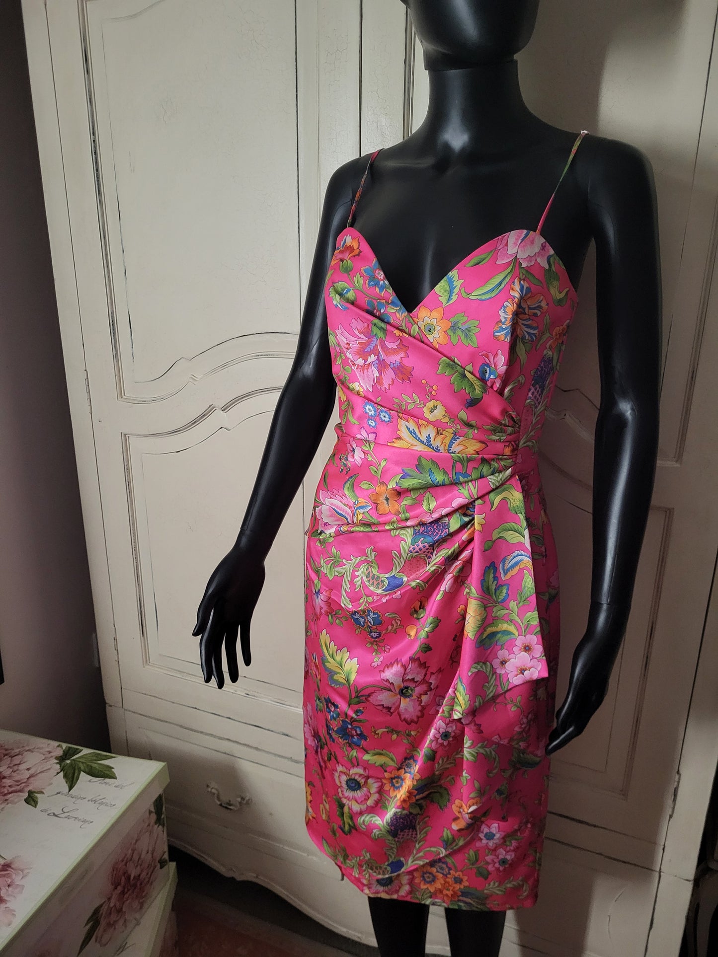 Vintage Satin Fuchsia Floral Print Frank Usher Dress