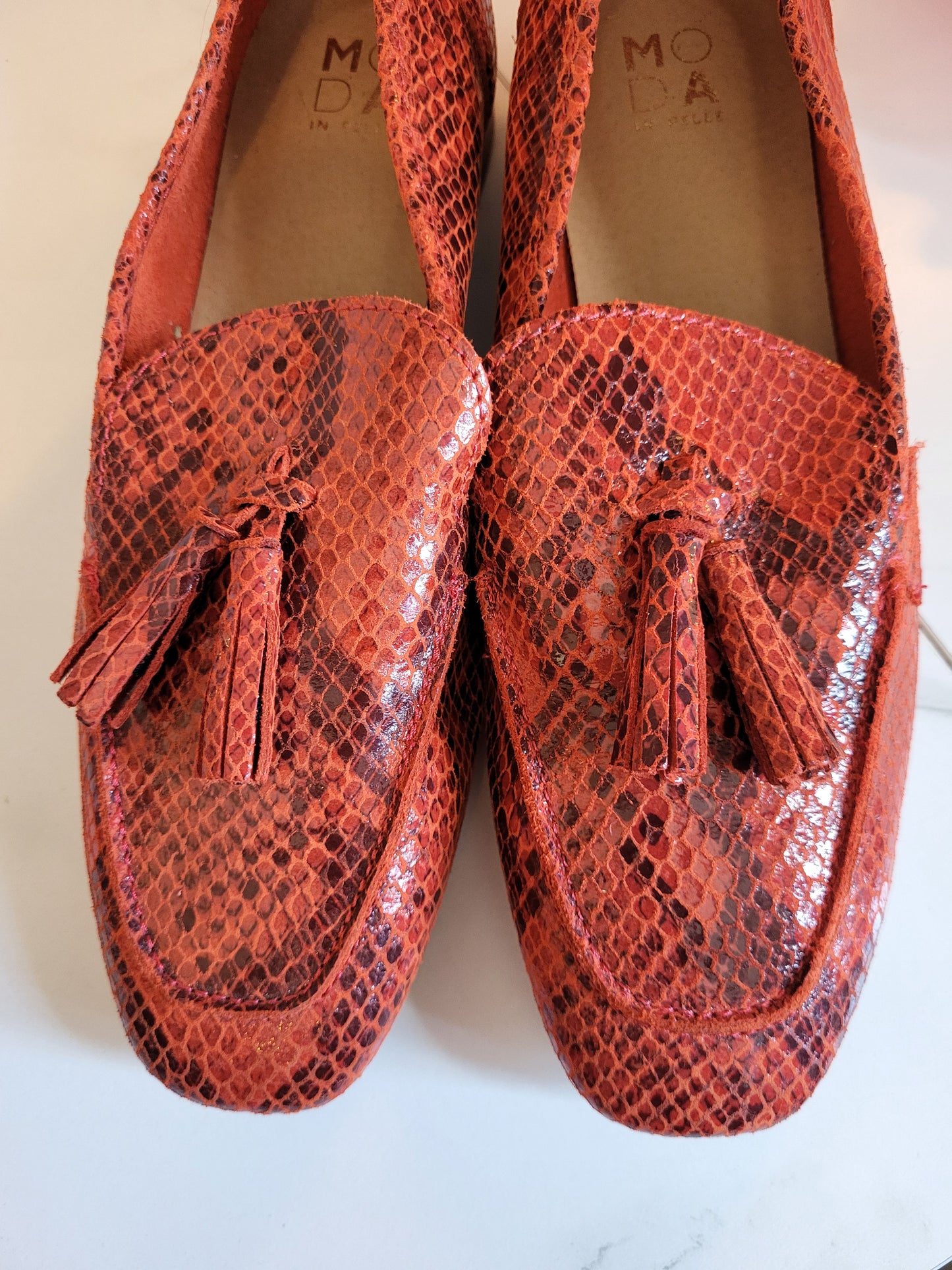 Moda in Pelle Leather Burnt Orange Faux Snakeskin Loafers
