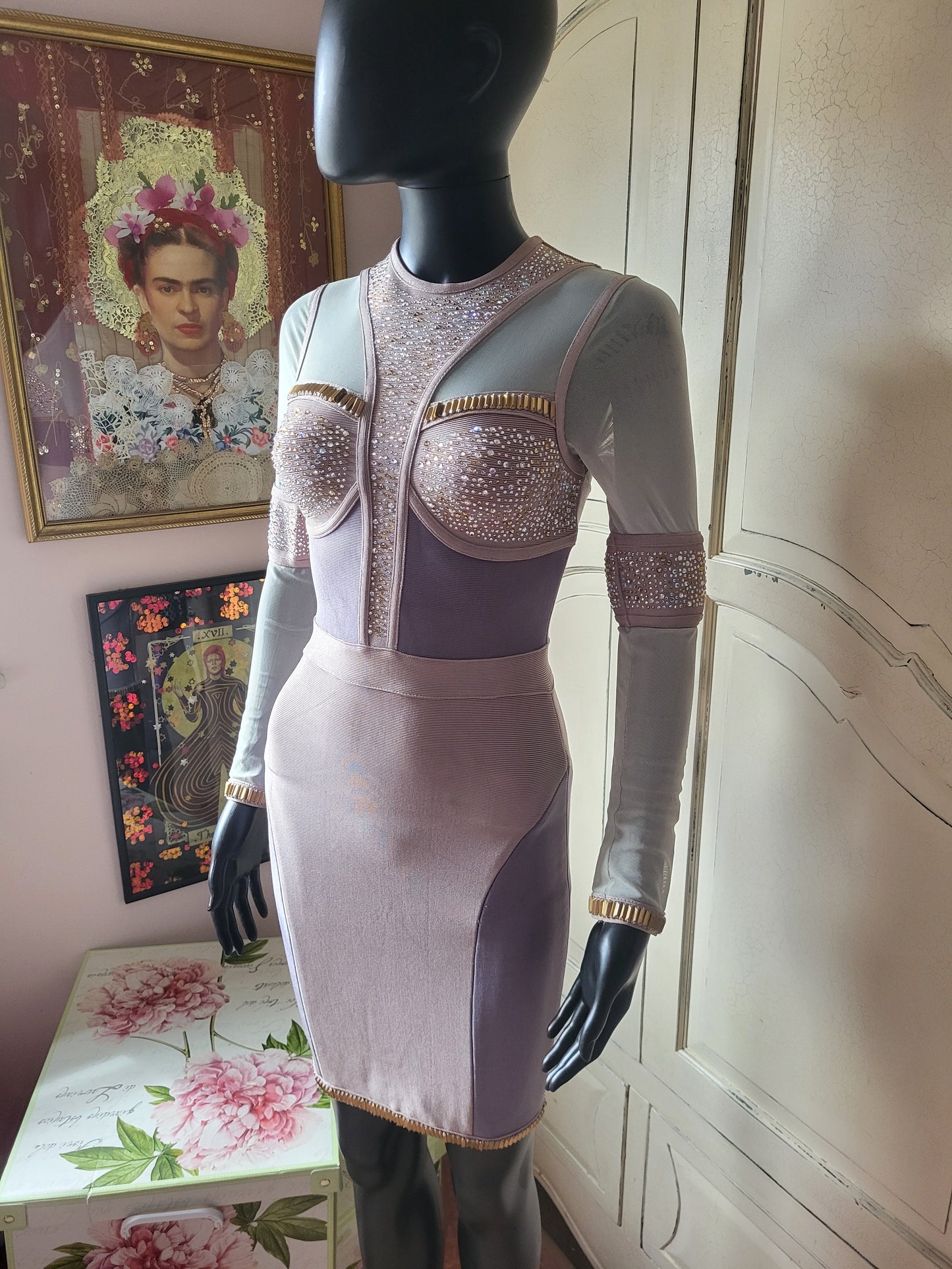 Mesh and Faux Diamante Bandage Dress
