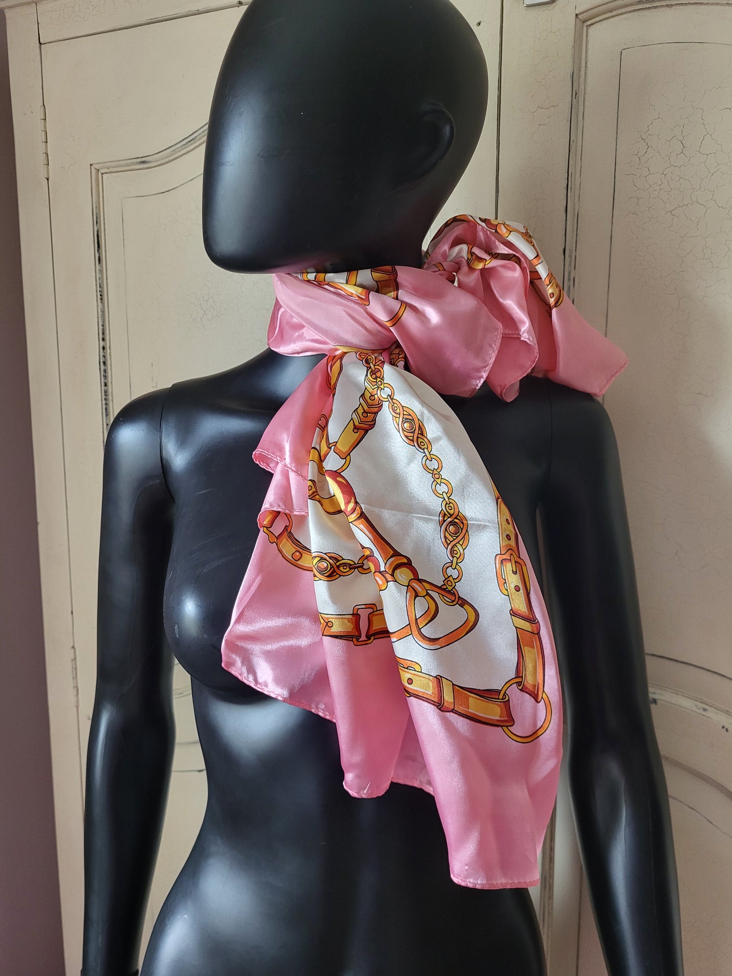 Pink and Cream Chain Detail imitation Silk Scarf