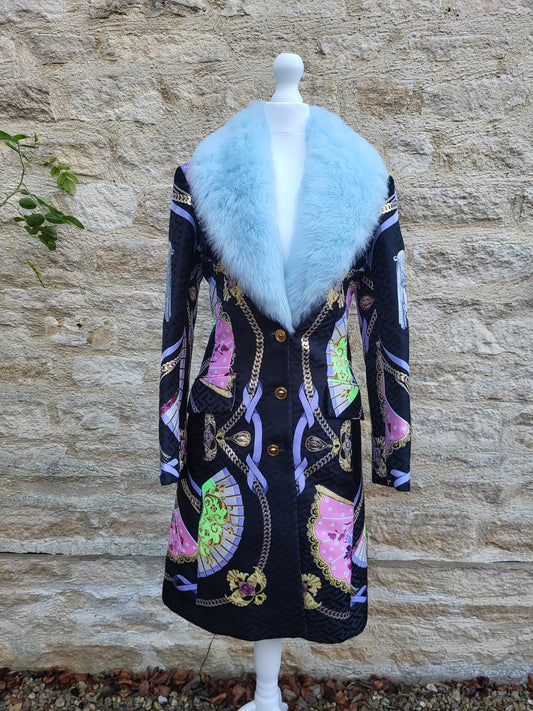 Versace blue faux fur collar brocade coat UK 10 authenticated BNWT