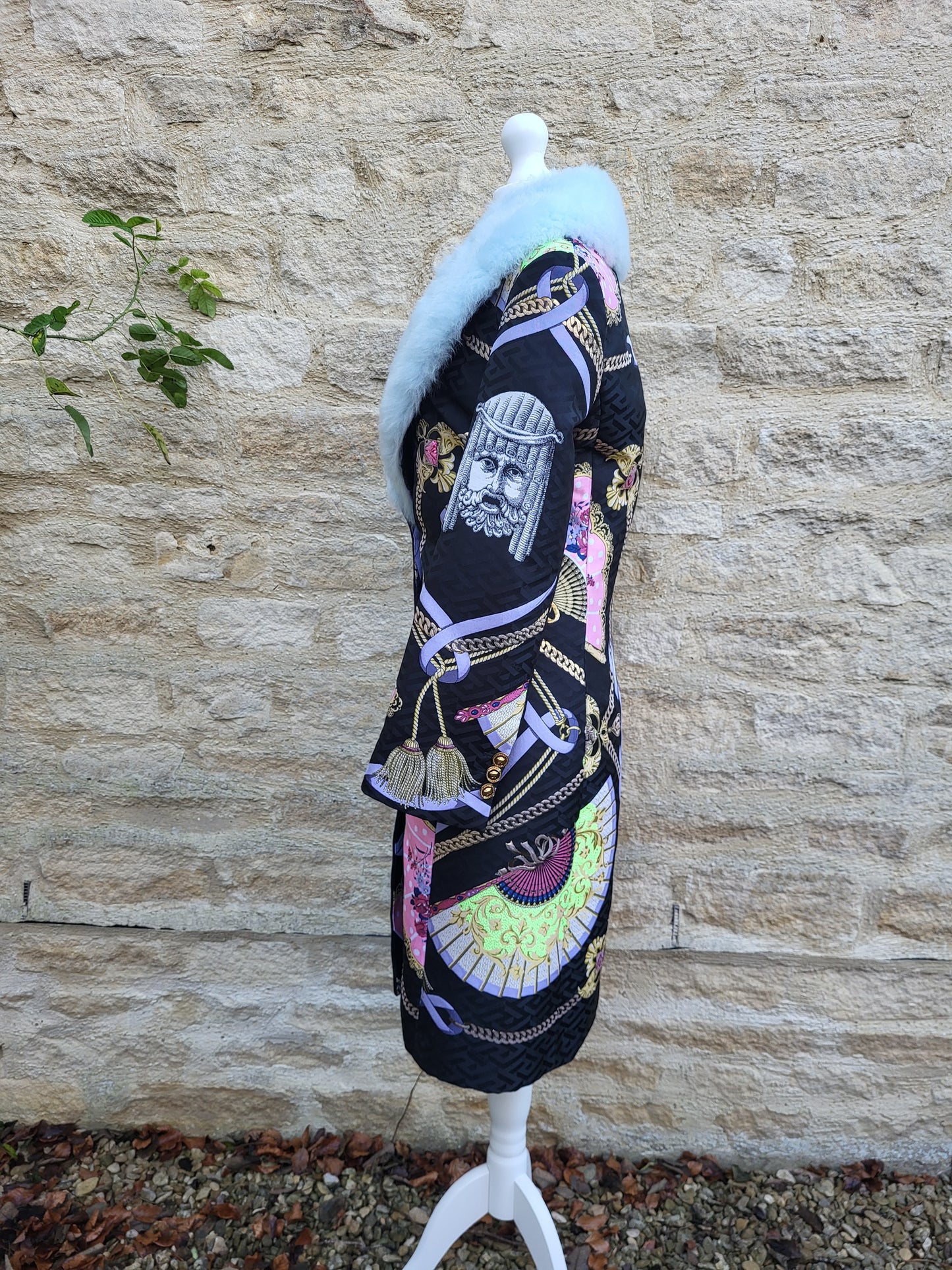 Versace Blue Faux Fur Collar Brocade Coat