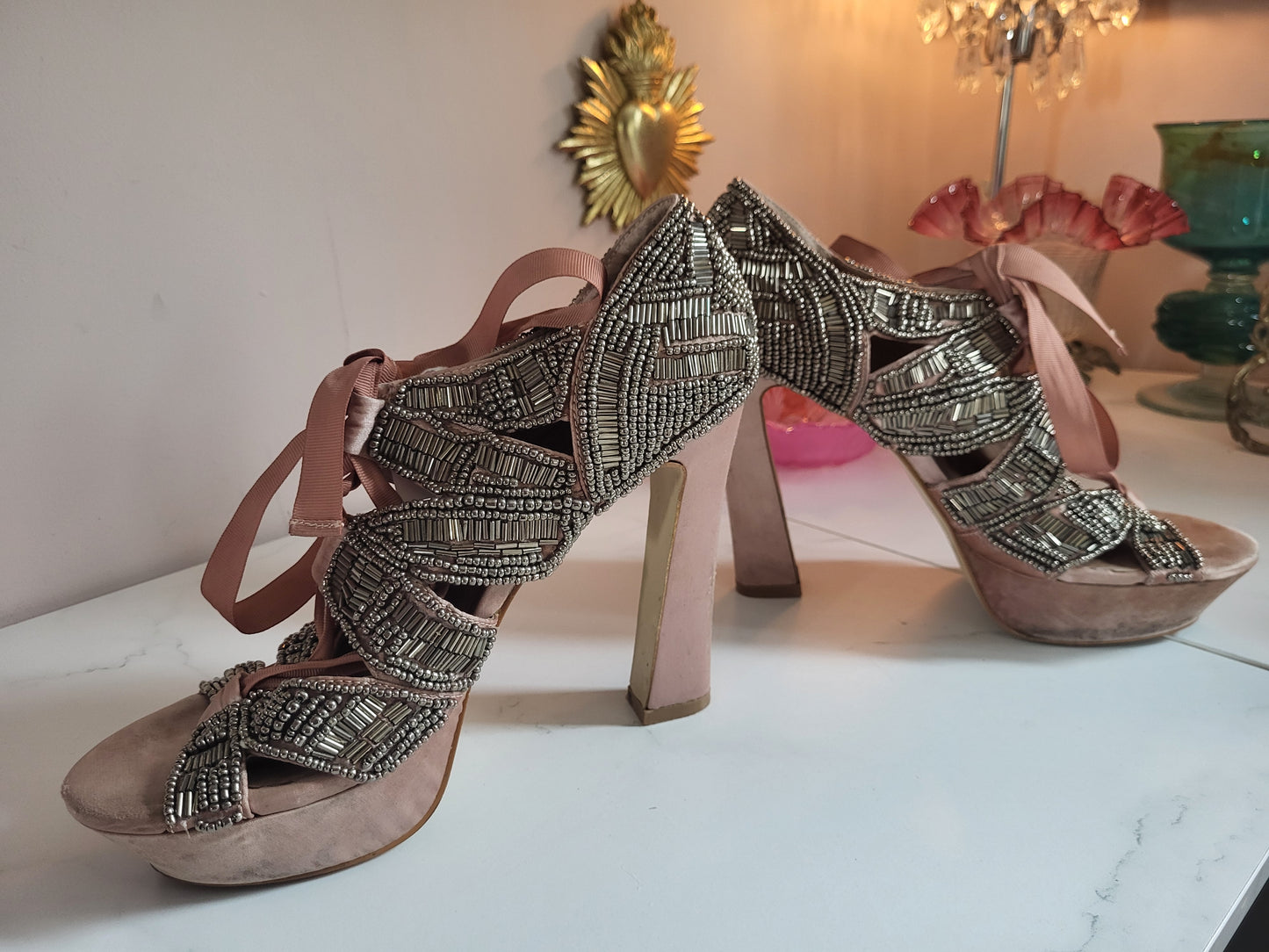 Vintage Fully Leather Lined Satin and Beaded Shoes