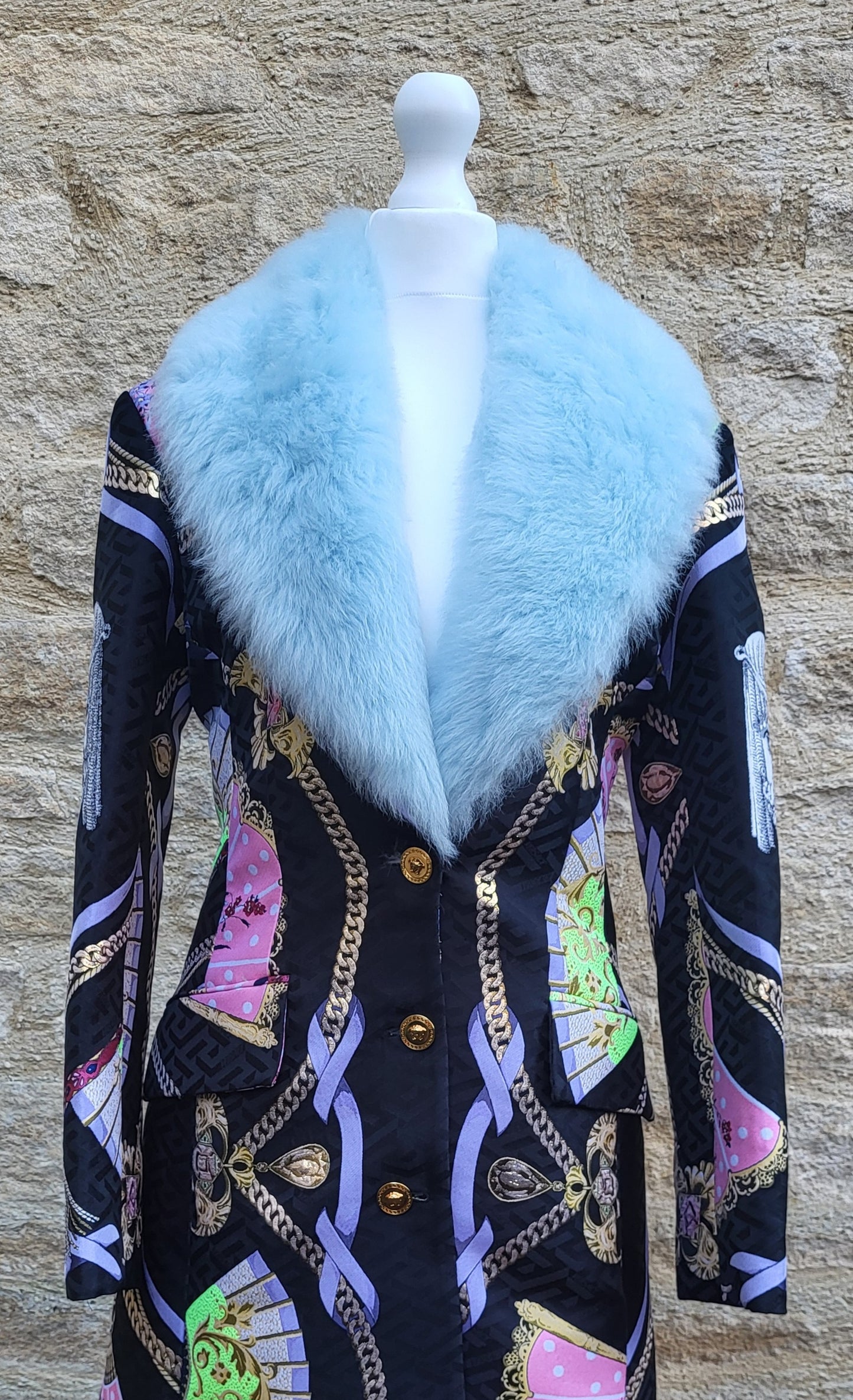 Versace Blue Faux Fur Collar Brocade Coat