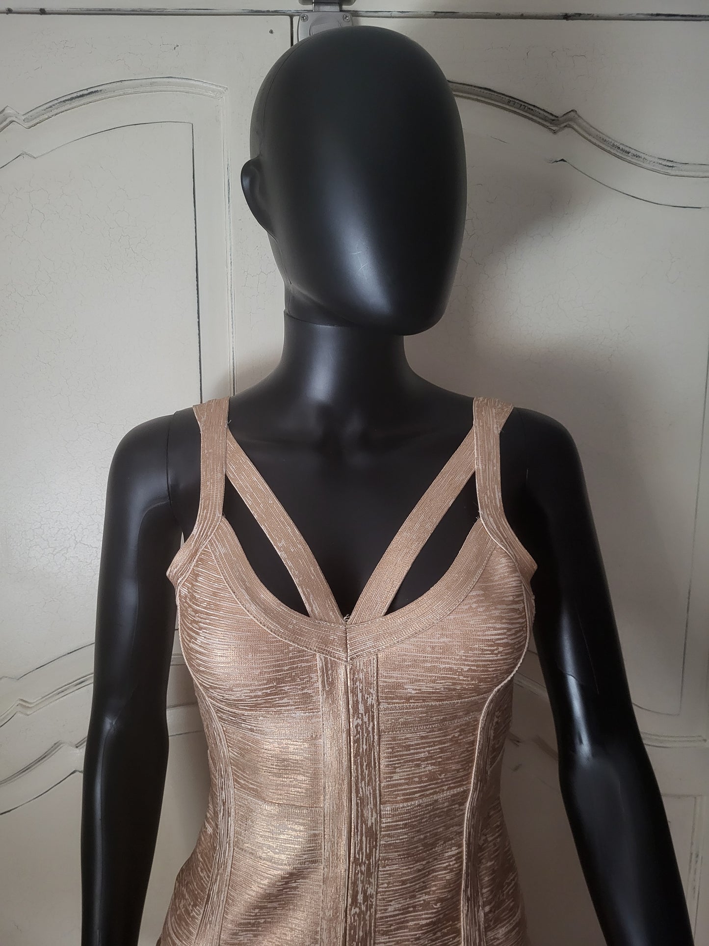 Molten Gold Bodycon Bandage Dress in the style of Hervé Léger