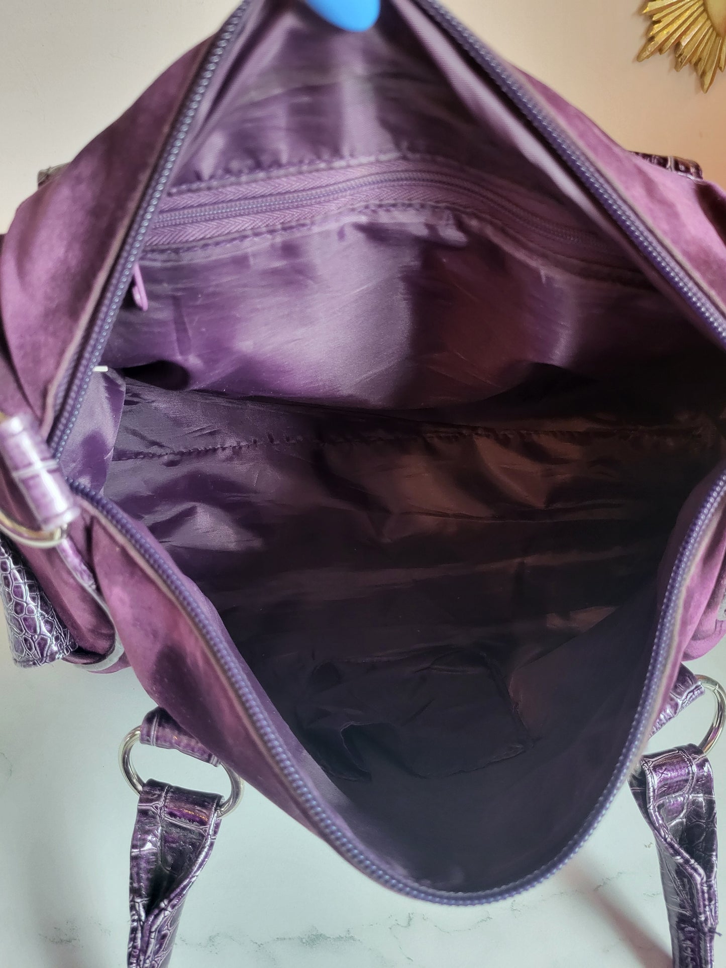 Midnight Purple Velour Tote Bag with Faux Croc Detailing