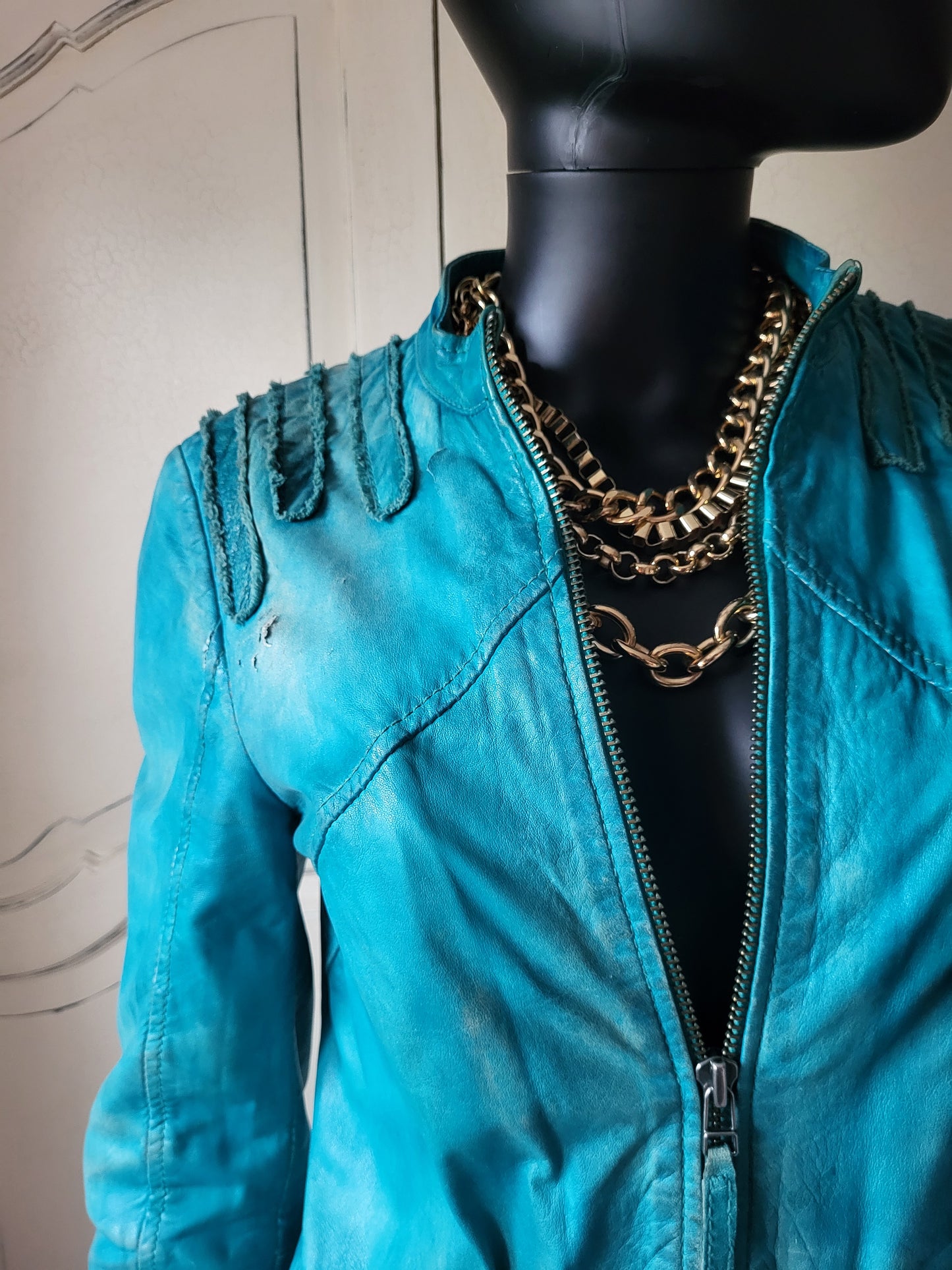 Vintage Maje Turquoise Distressed Leather Jacket