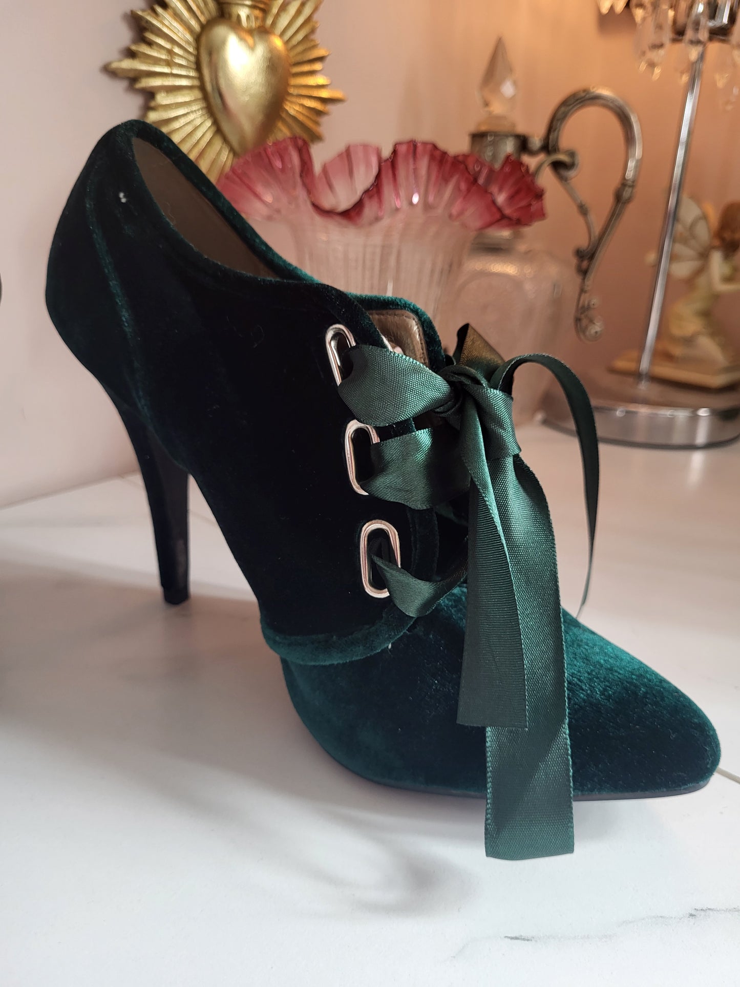 Emerald Velvet Ribbon-Tie Shoe Boots