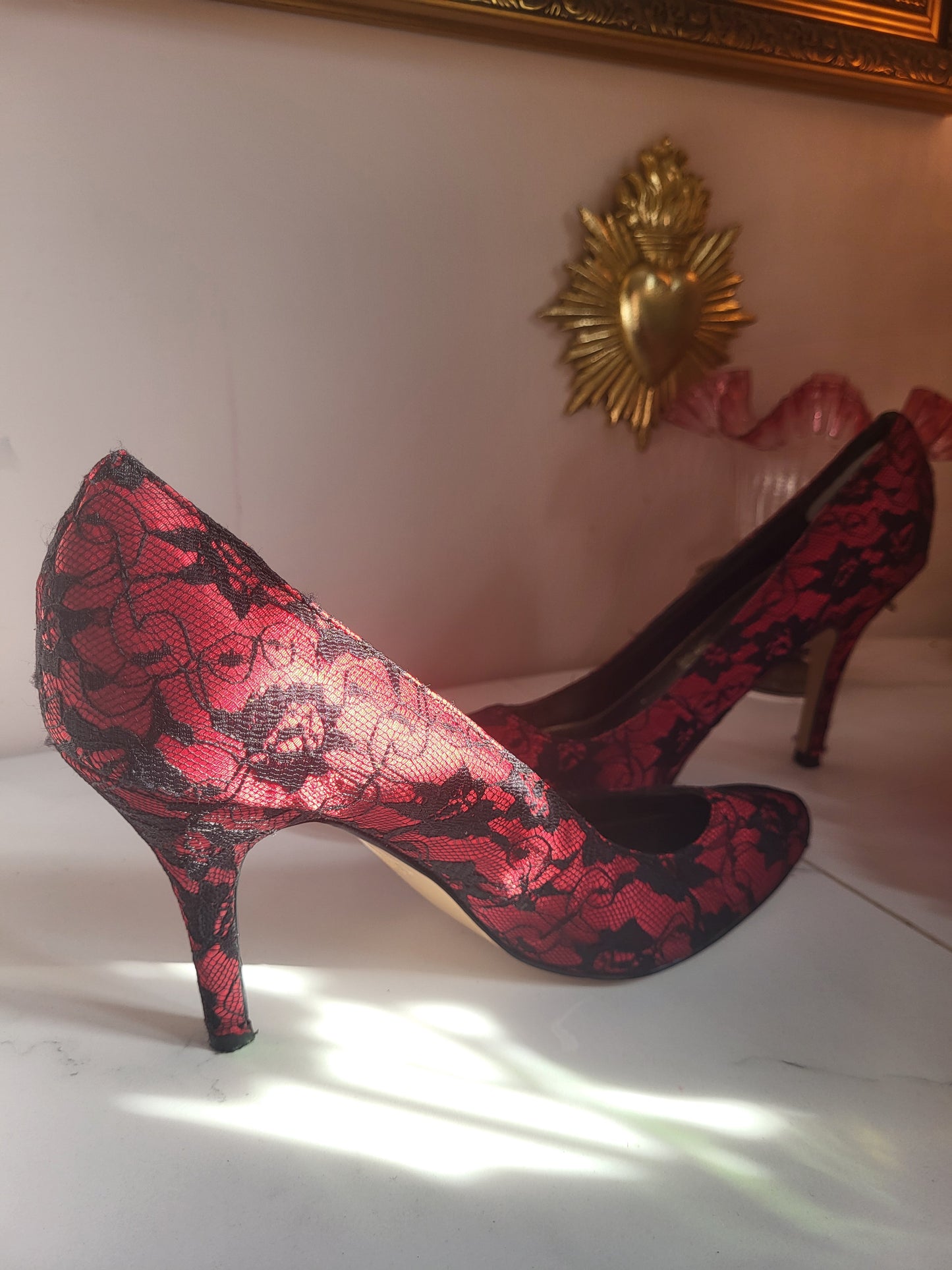 Crimson and Black Lace Detail Court Heels