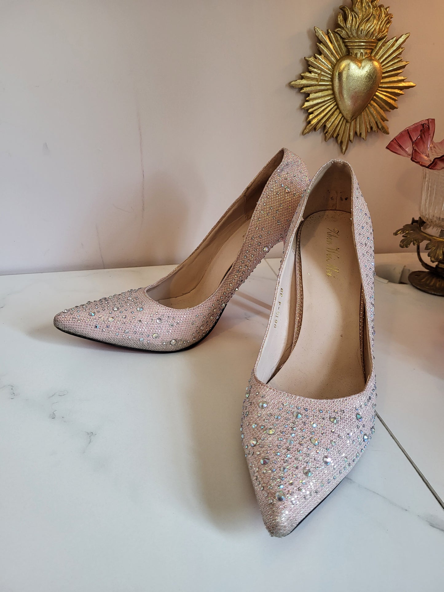 Pink Diamante Heels with Red Soles