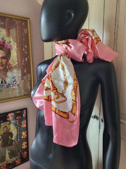 Pink and Cream Chain Detail imitation Silk Scarf