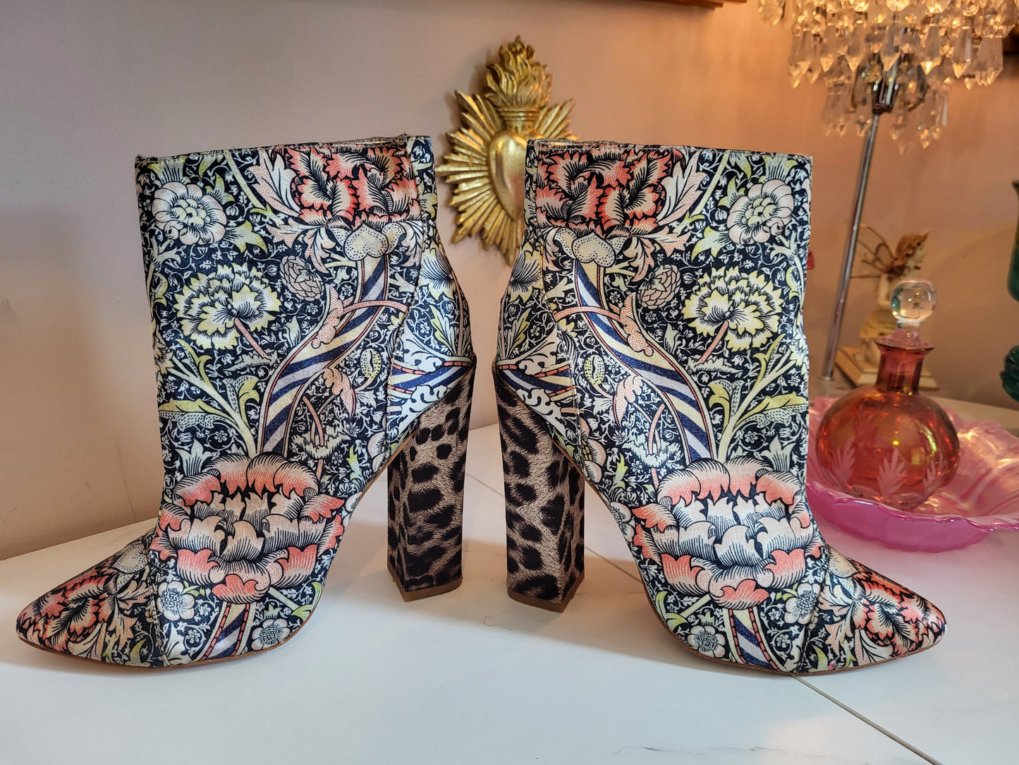Vintage Satin Just Cavalli Floral and Leopard Print Ankle Boots