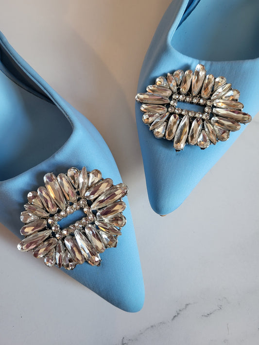 Cornflower Blue Diamante Sling back Heels in the style of Manolo Blahnik