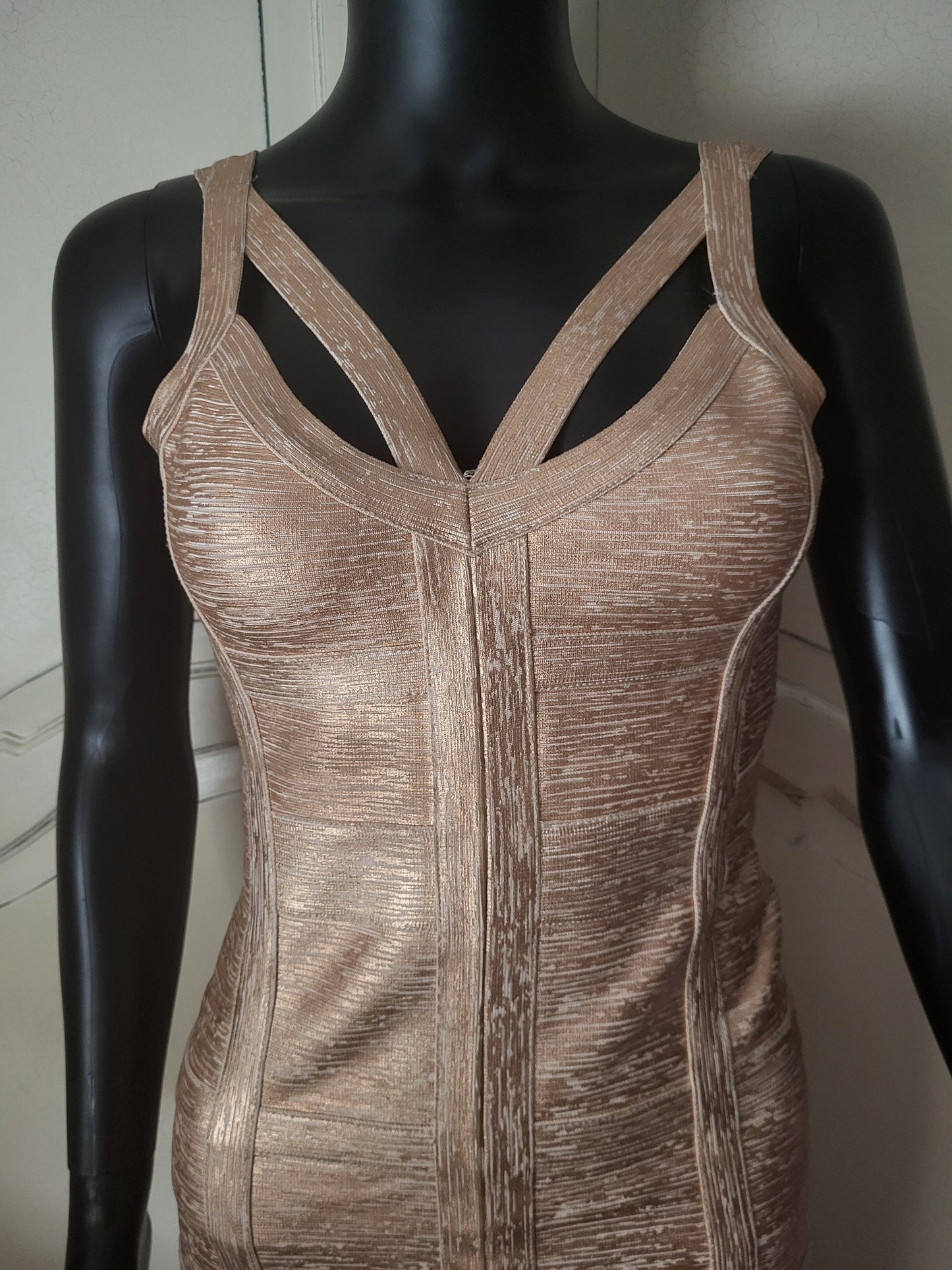 Molten Gold Bodycon Bandage Dress in the style of Hervé Léger