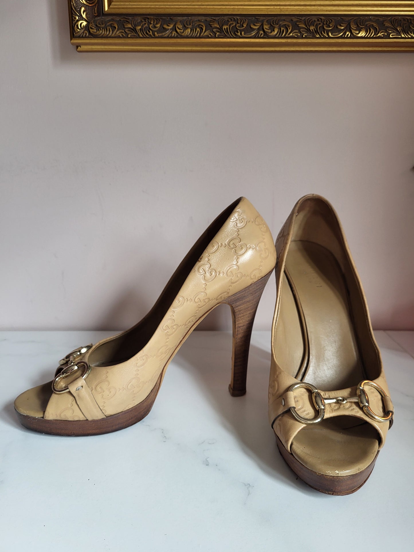 Gucci Tan Peep Toe Platform Heels