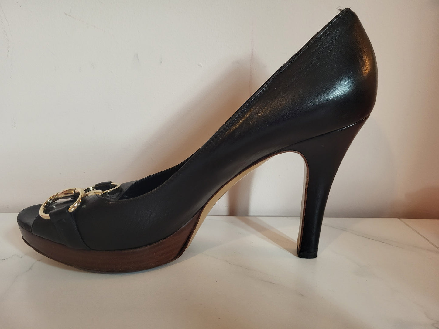 Gucci Black Classic Horsebit Peep Toe Platform Heels