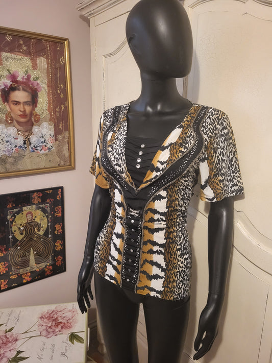 Aleny Animal Print & Stud Detail Stretch Top