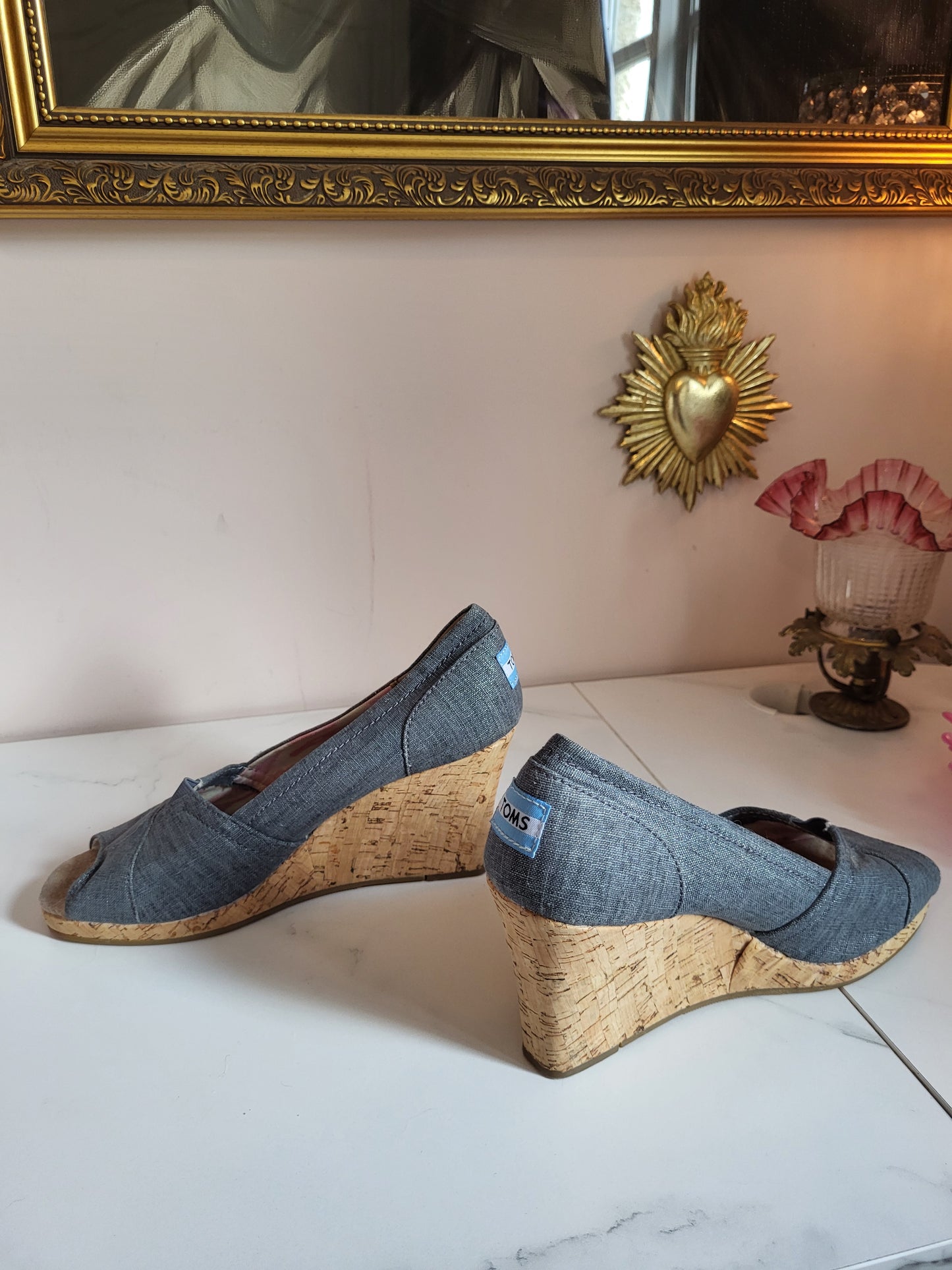 TOMS Grey Canvas Peep Toe Wedges