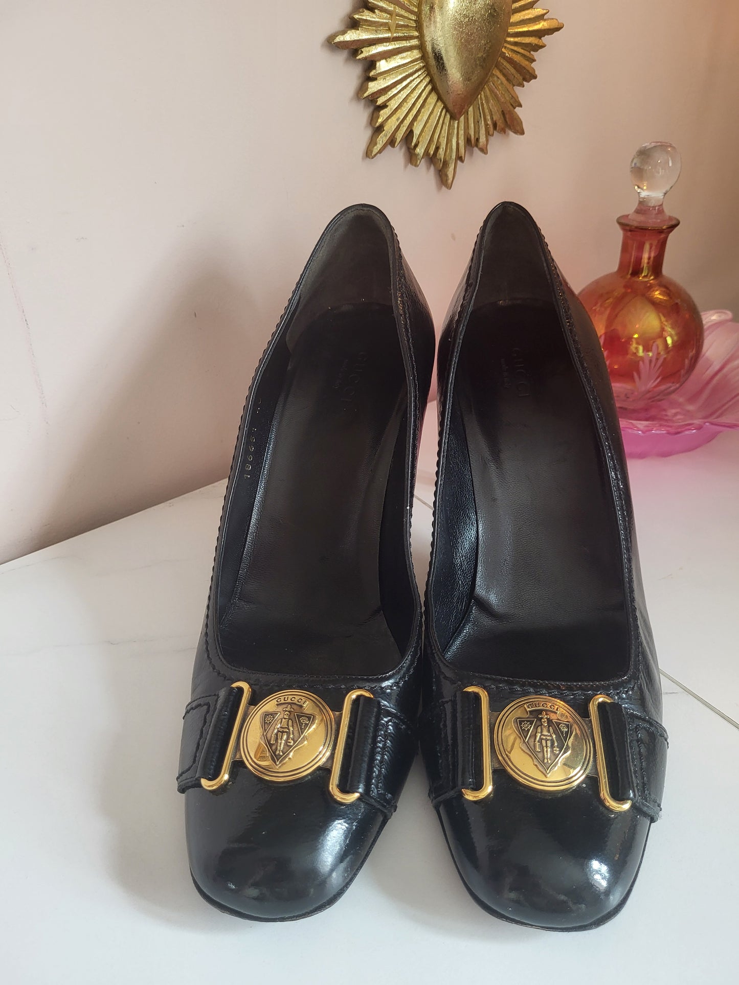 Gucci Patent Black Pump Heels with Brass Emblems