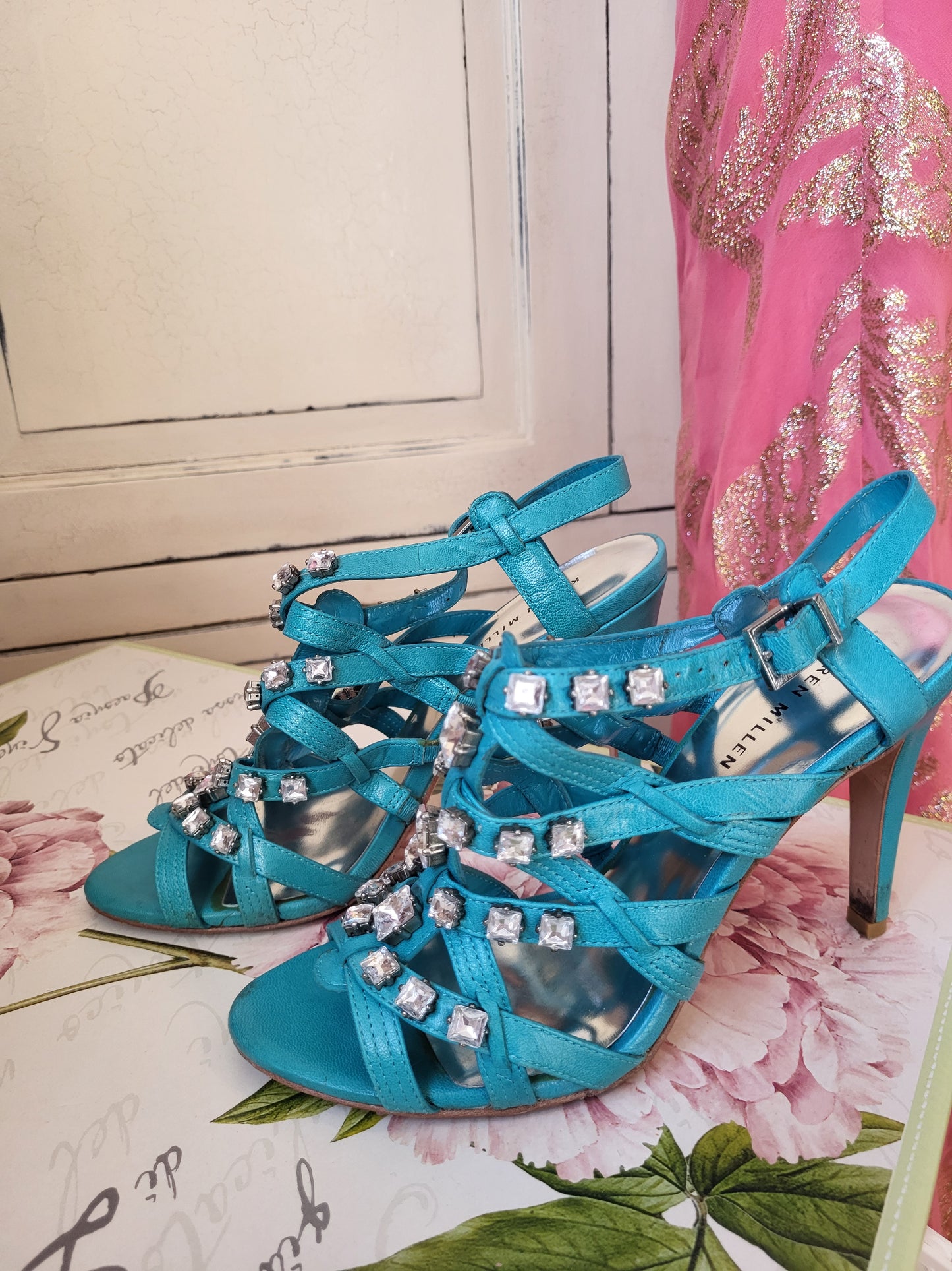 Karen Millen Turquoise Diamante Studded Heeled Sandals