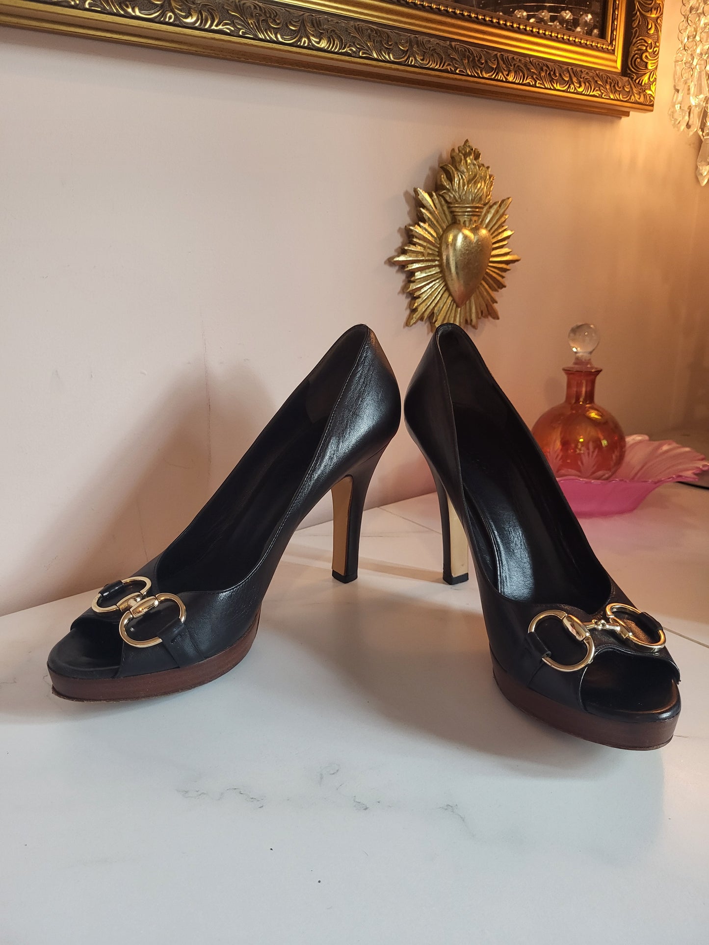 Gucci Black Classic Horsebit Peep Toe Platform Heels