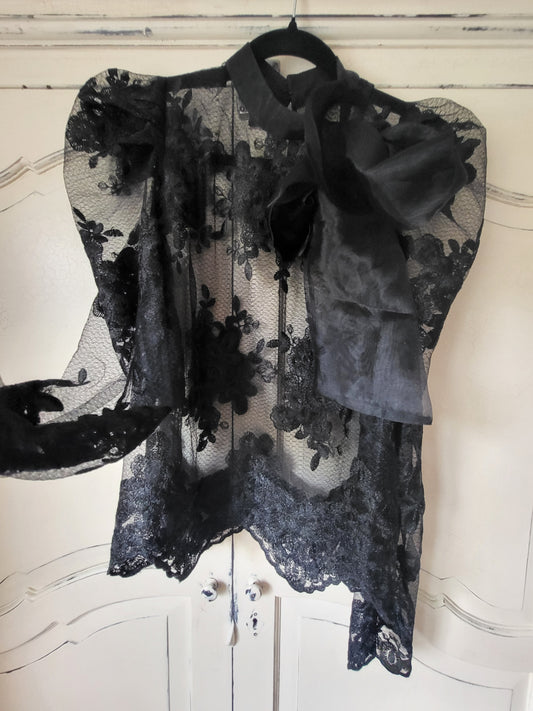 Gothic Black Lace Pussy Bow Blouse