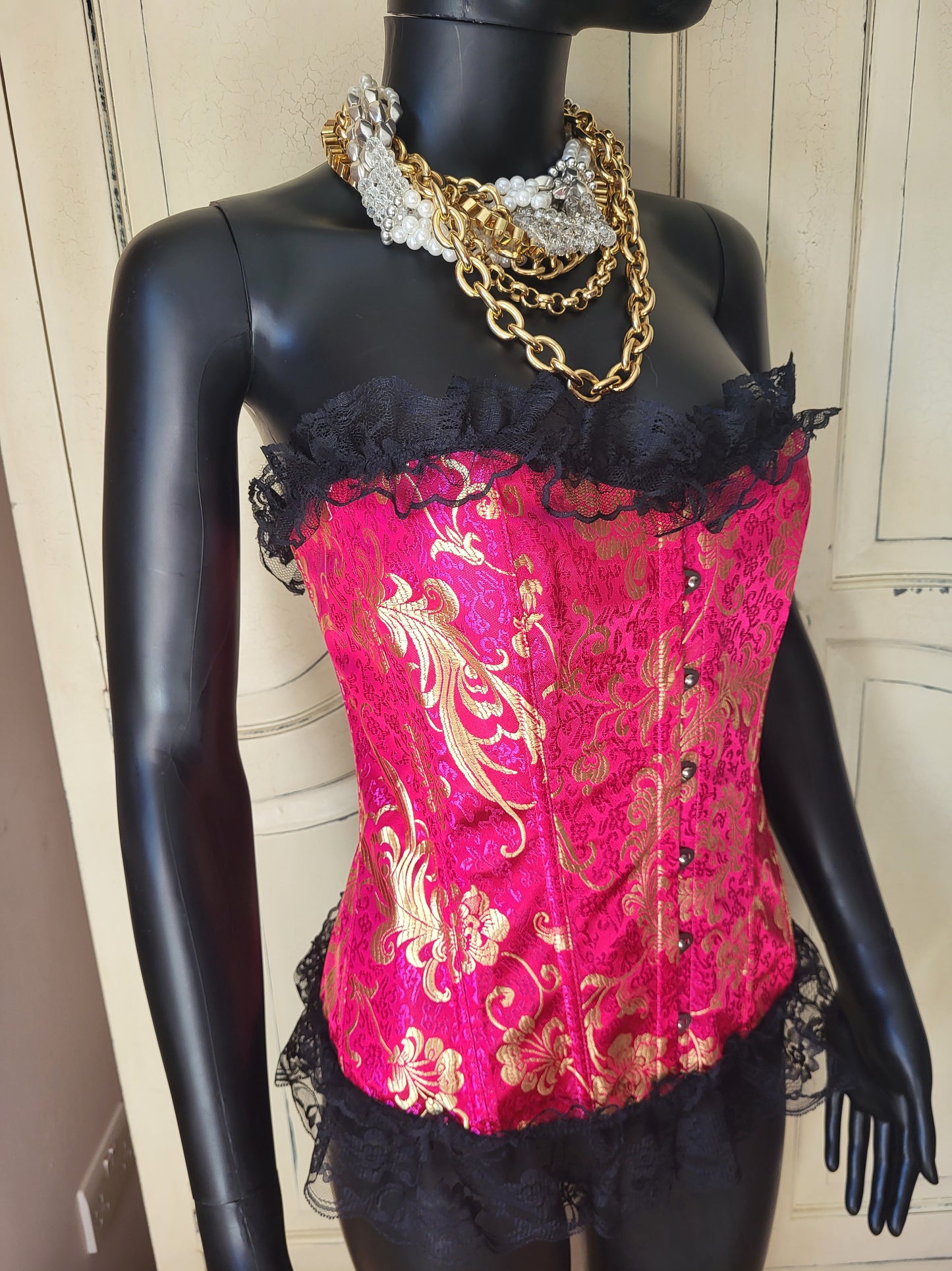 Fuchsia and Gold Basque with Black Lace Trim