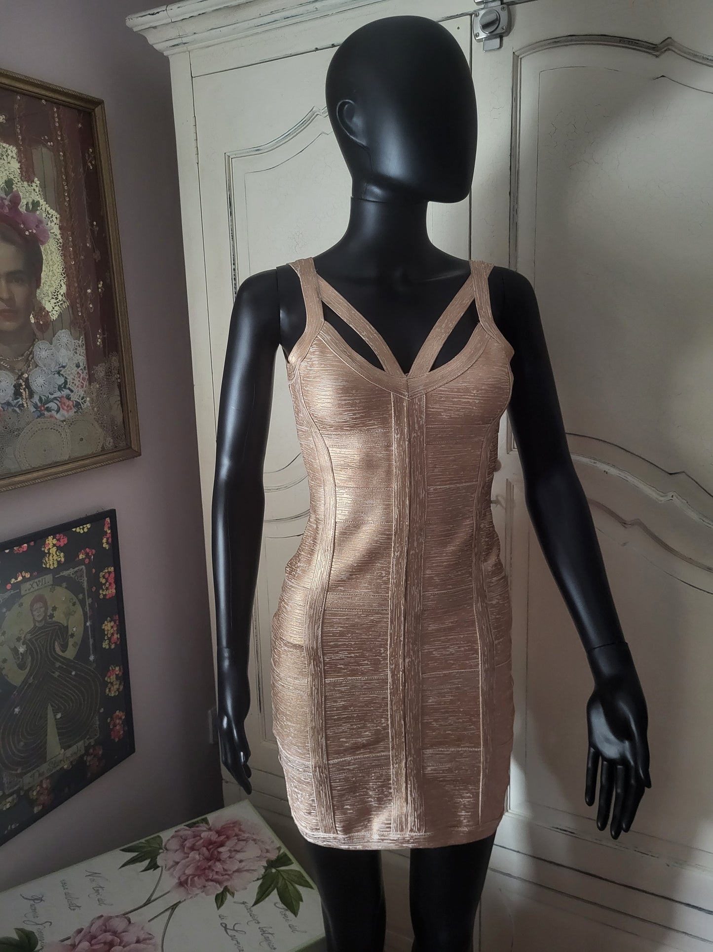 Molten Gold Bodycon Bandage Dress in the style of Hervé Léger