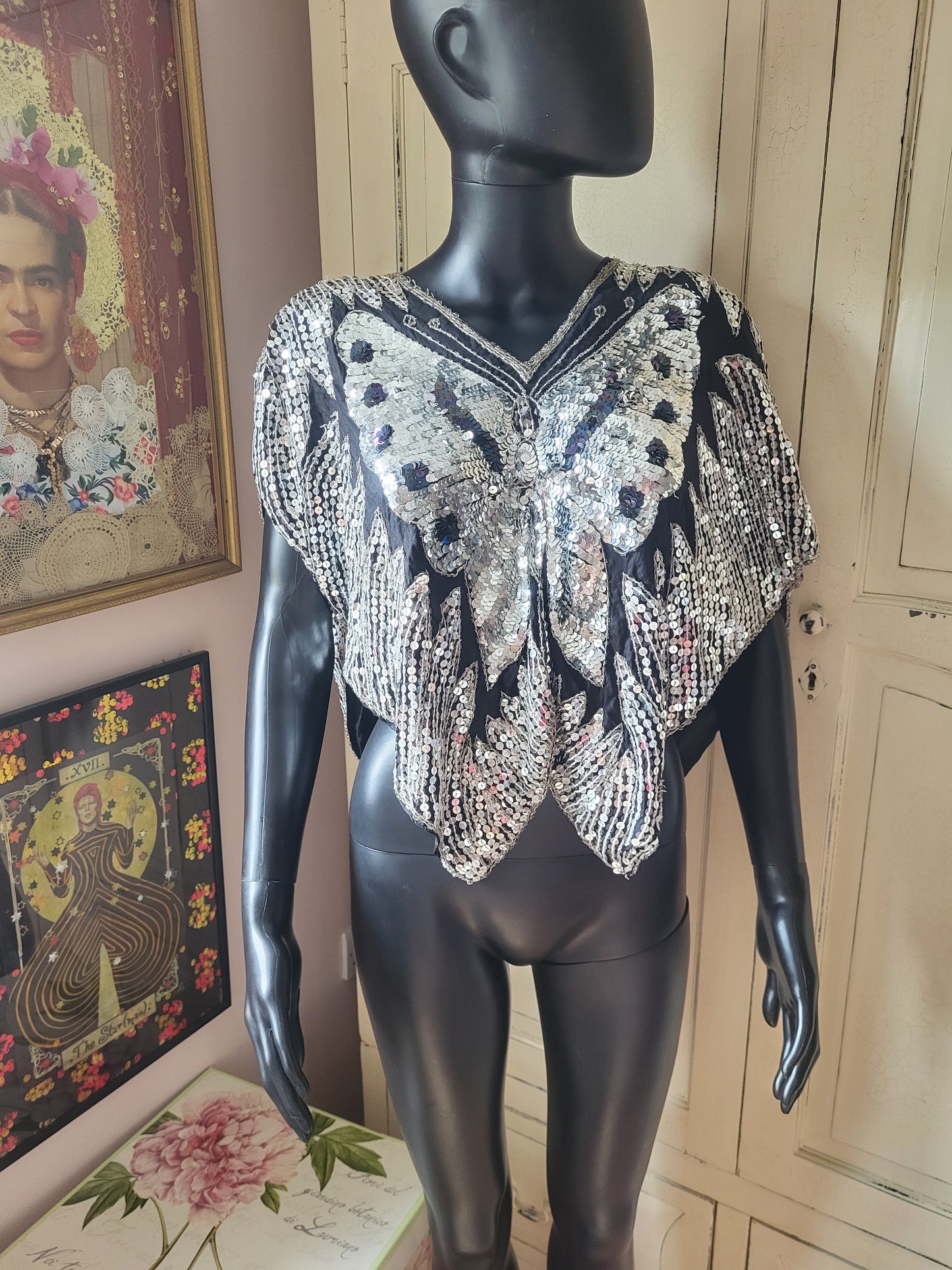 Vintage Made in India 100% Silk Embroidered Butterfly Poncho
