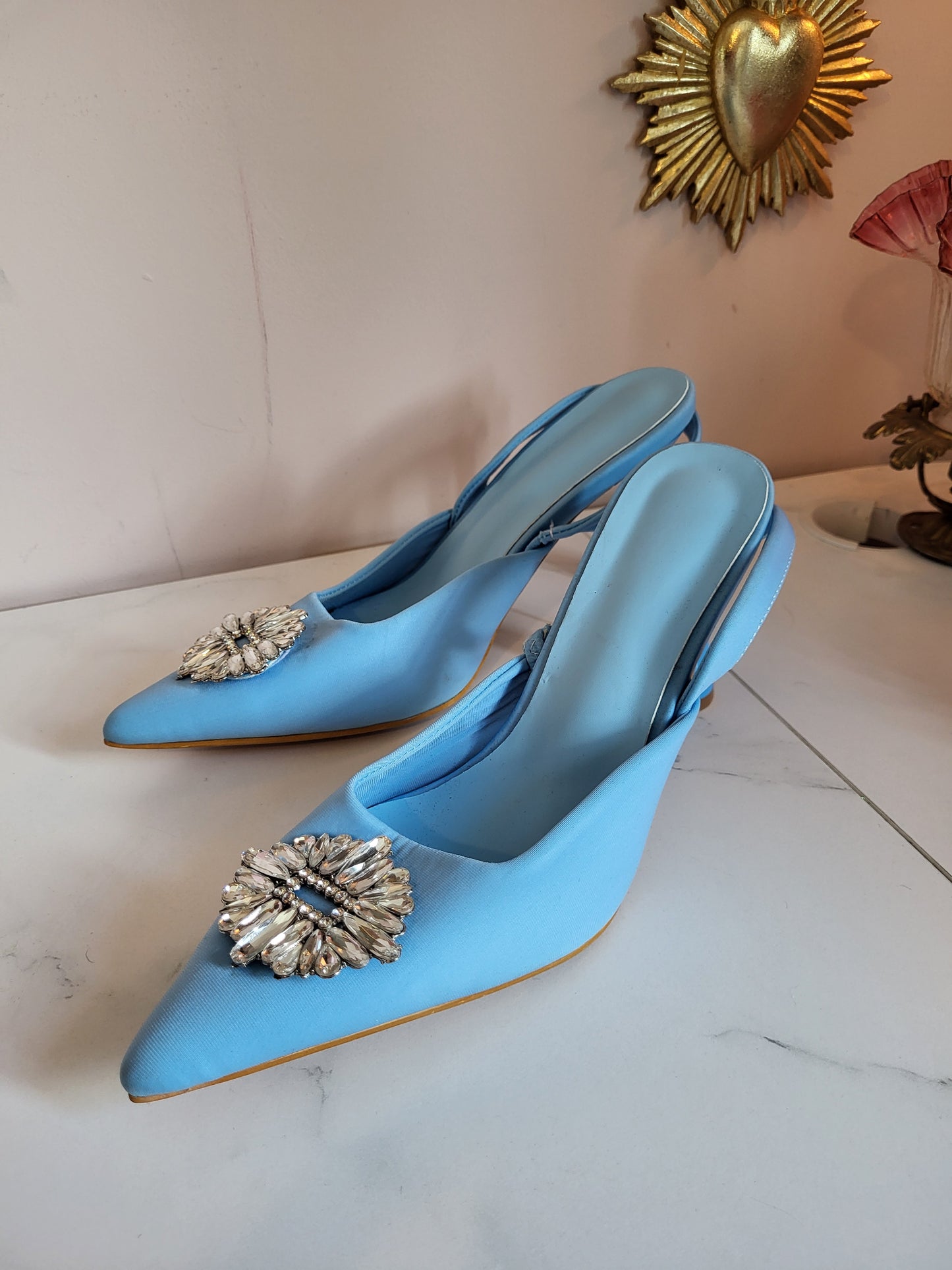 Cornflower Blue Diamante Sling back Heels in the style of Manolo Blahnik