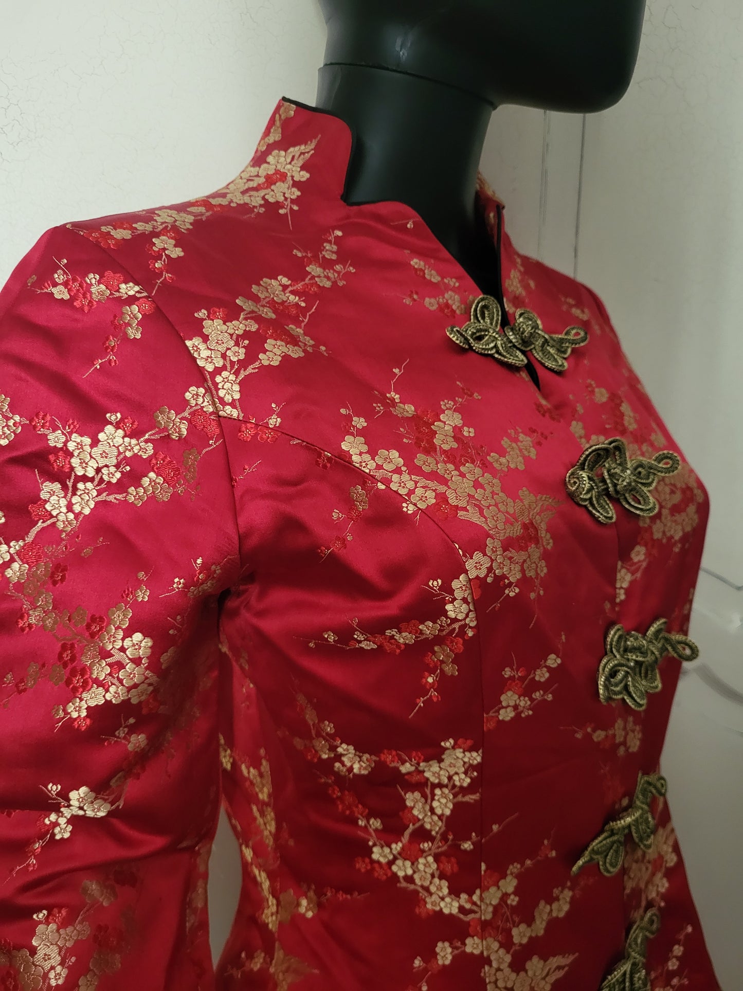 Tailor Lau Silk Red Floral Jacquard Jacket with Gold Brocade fastenings