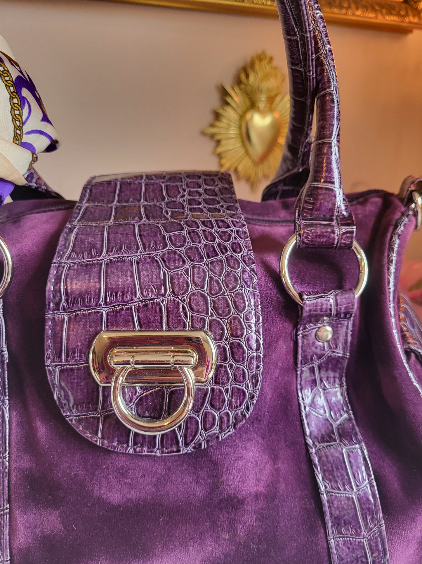 Midnight Purple Velour Tote Bag with Faux Croc Detailing